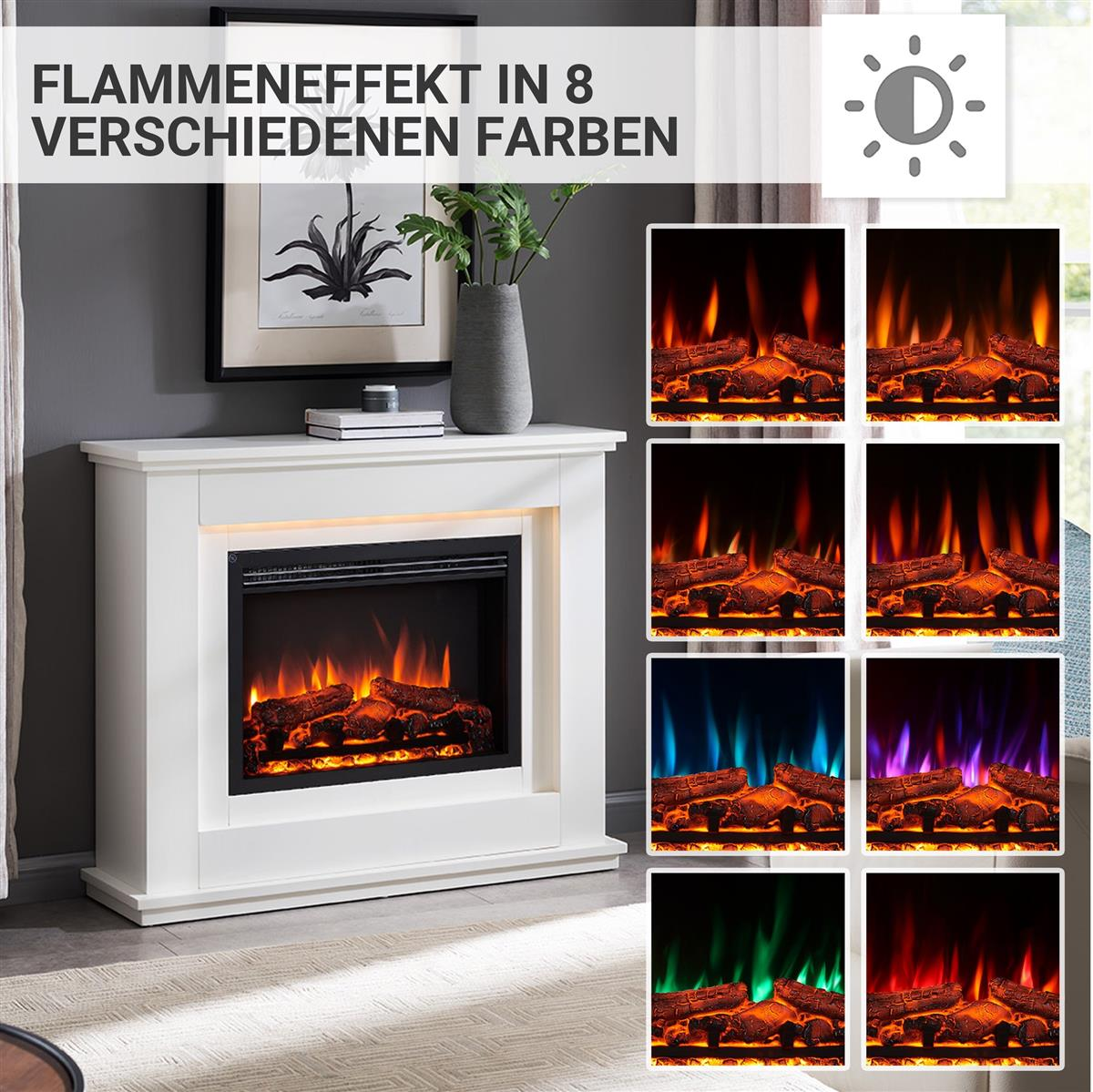 Ein weißer Kamin mit schwarzem Rahmen. Er hat Flammen, die ihre Farben ändern. Acht Farboptionen werden rechts angezeigt.