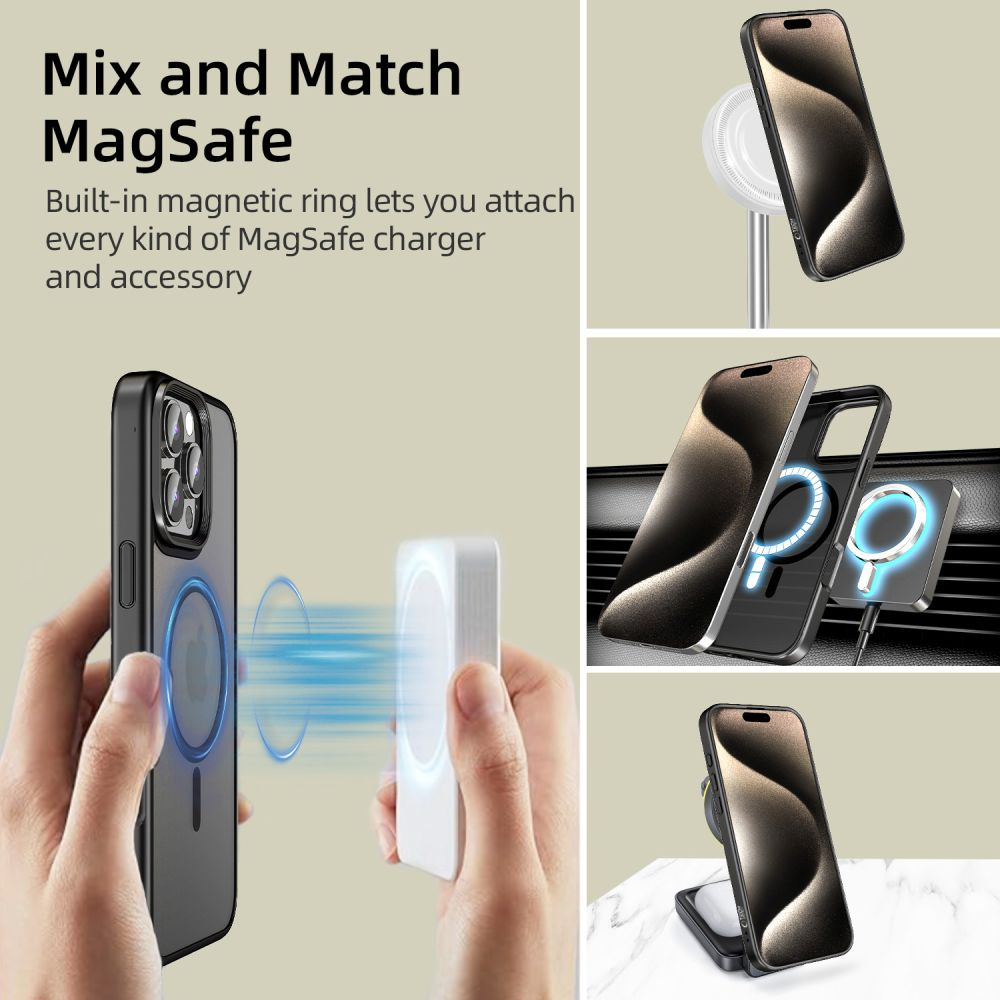 Das Bild zeigt MagSafe-Zubehör. Ein Telefon mit Hülle, ein Ladegerät und anderes Zubehör werden angezeigt. Text sagt: Mix and Match MagSafe.