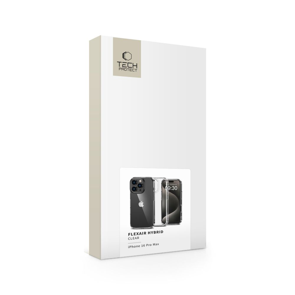 Eine weiße Schachtel mit einer Abbildung einer Handyhülle. Die Hülle ist transparent und für ein iPhone 16 Pro Max. Die Marke ist TECH PROTECT.