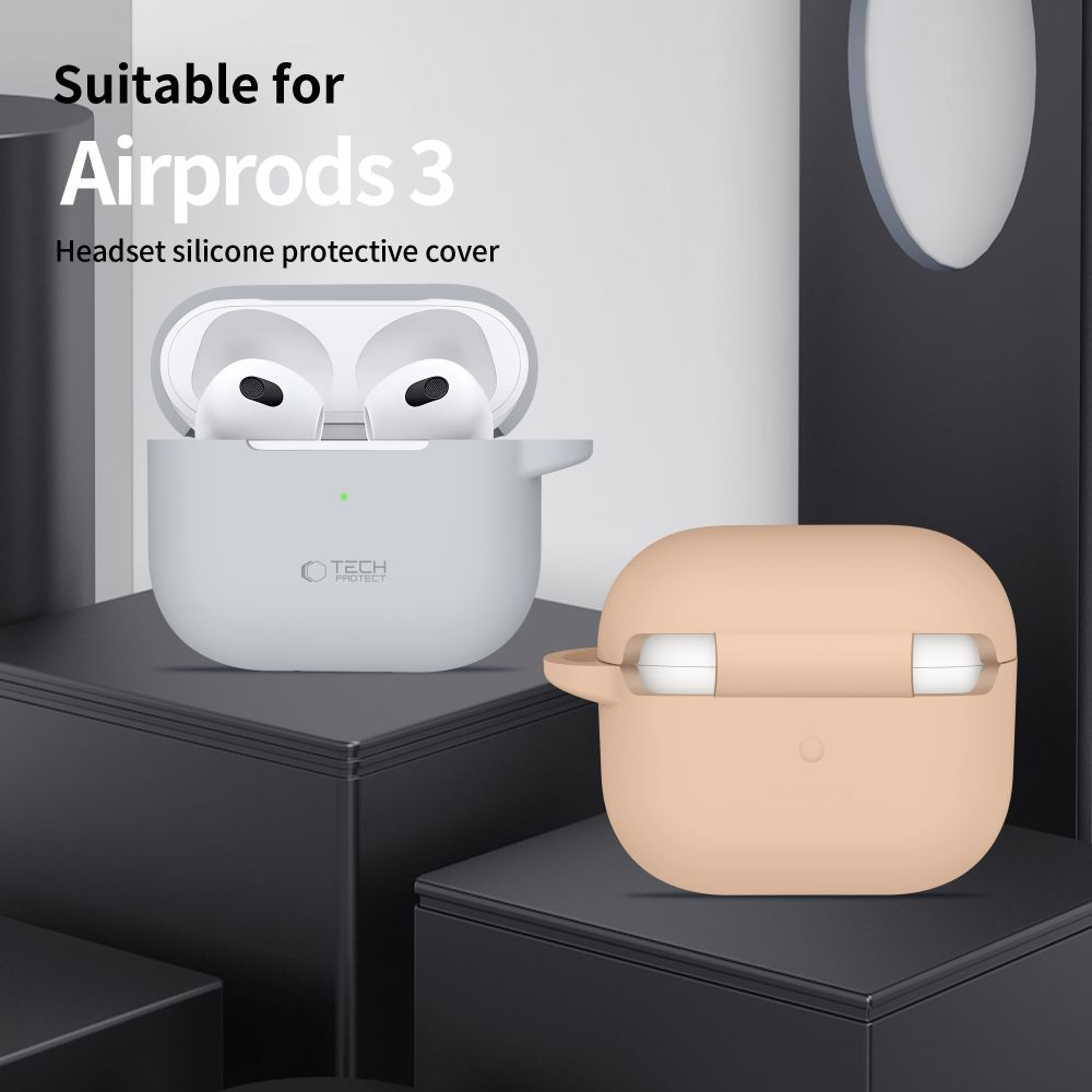 Two Airpods 3 cases are shown. One is open, white, and contains white earbuds. The other is peach-colored and closed.