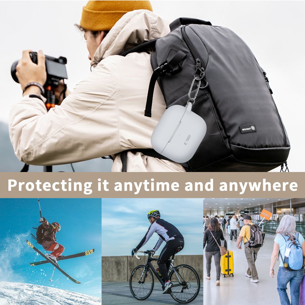 A person with a backpack and a white case hanging from it. Below are images of skiing, cycling, and travel.