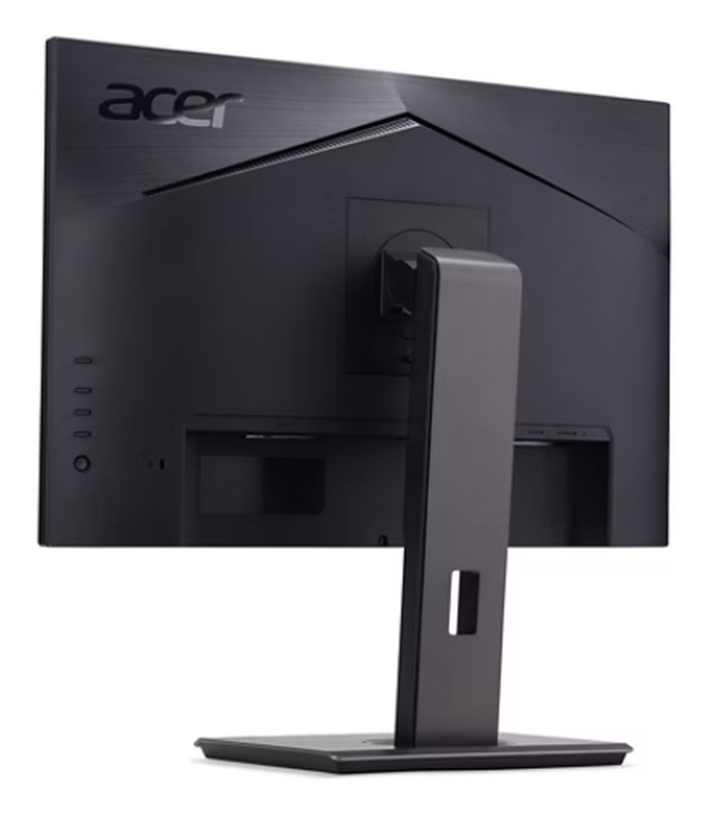 Widok z tyłu czarnego monitora Acer. Podstawa również czarna. Ekran ma logo Acer.