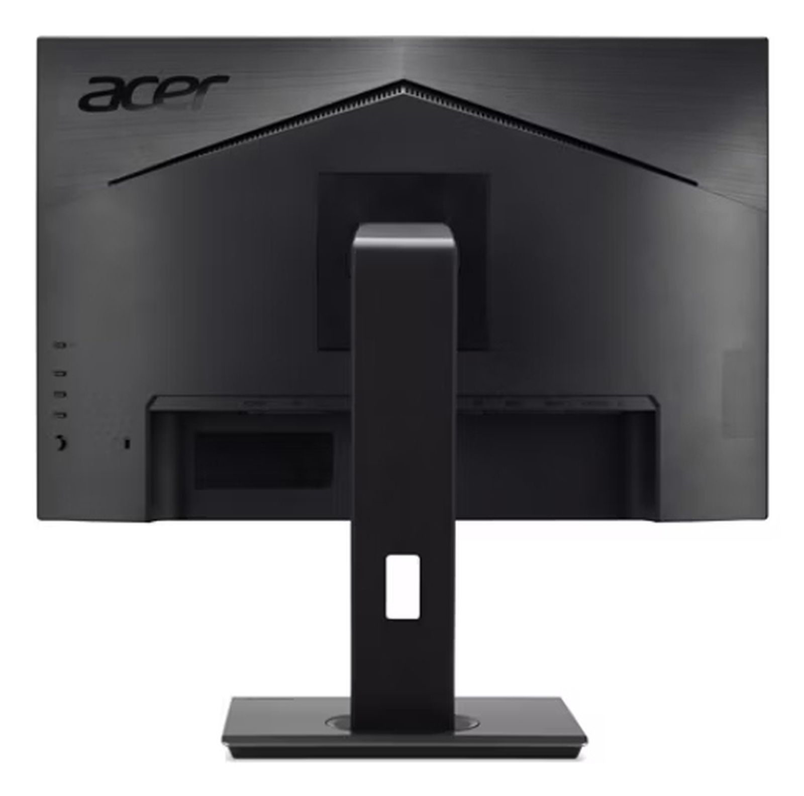 Widok z tyłu czarnego monitora Acer. Stojak ma kwadratową podstawę i prostokątny otwór. Widoczne logo Acer.