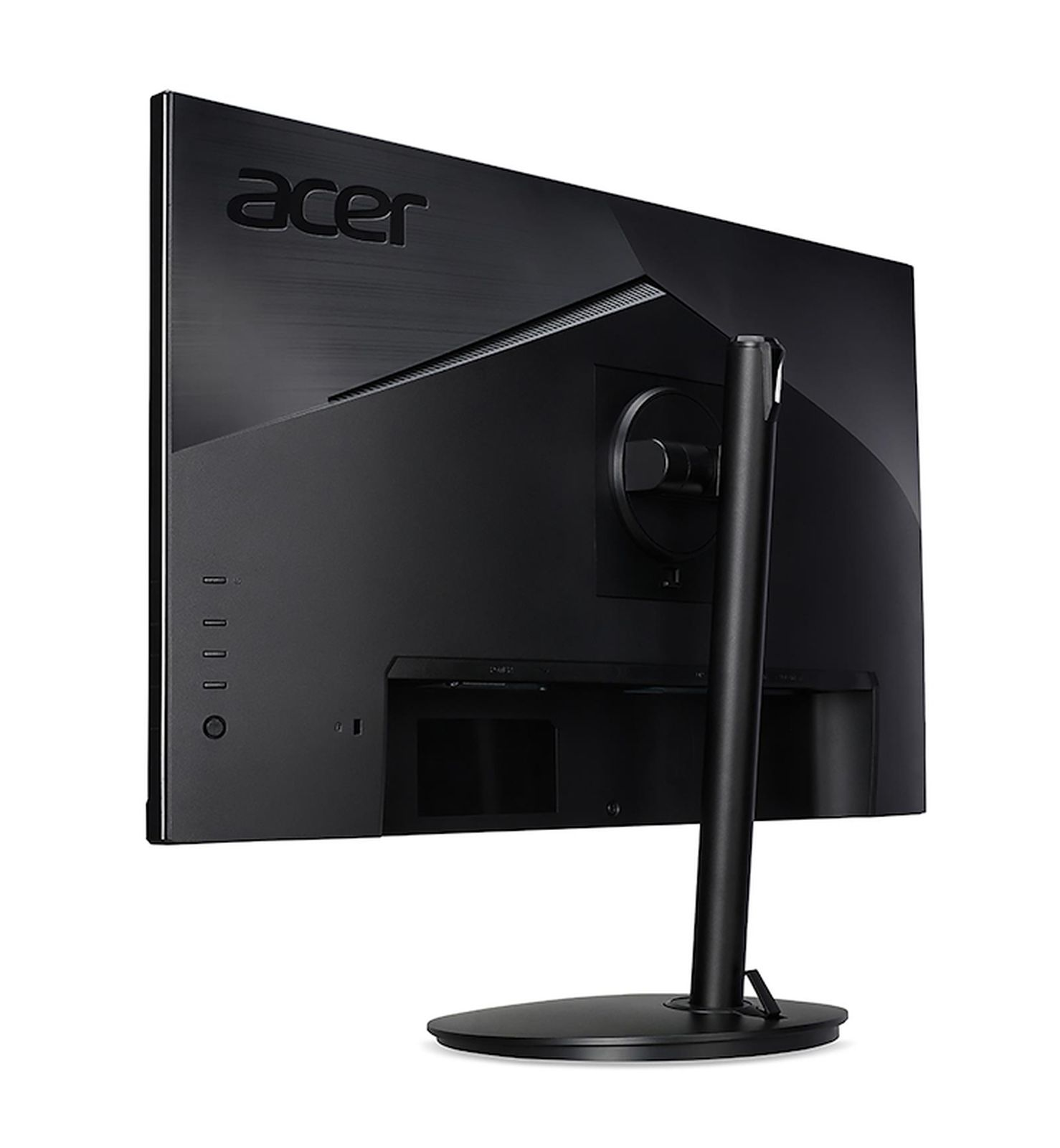 Widok z tyłu czarnego monitora Acer. Widoczne jest logo Acer. Widoczny jest również stojak i porty.