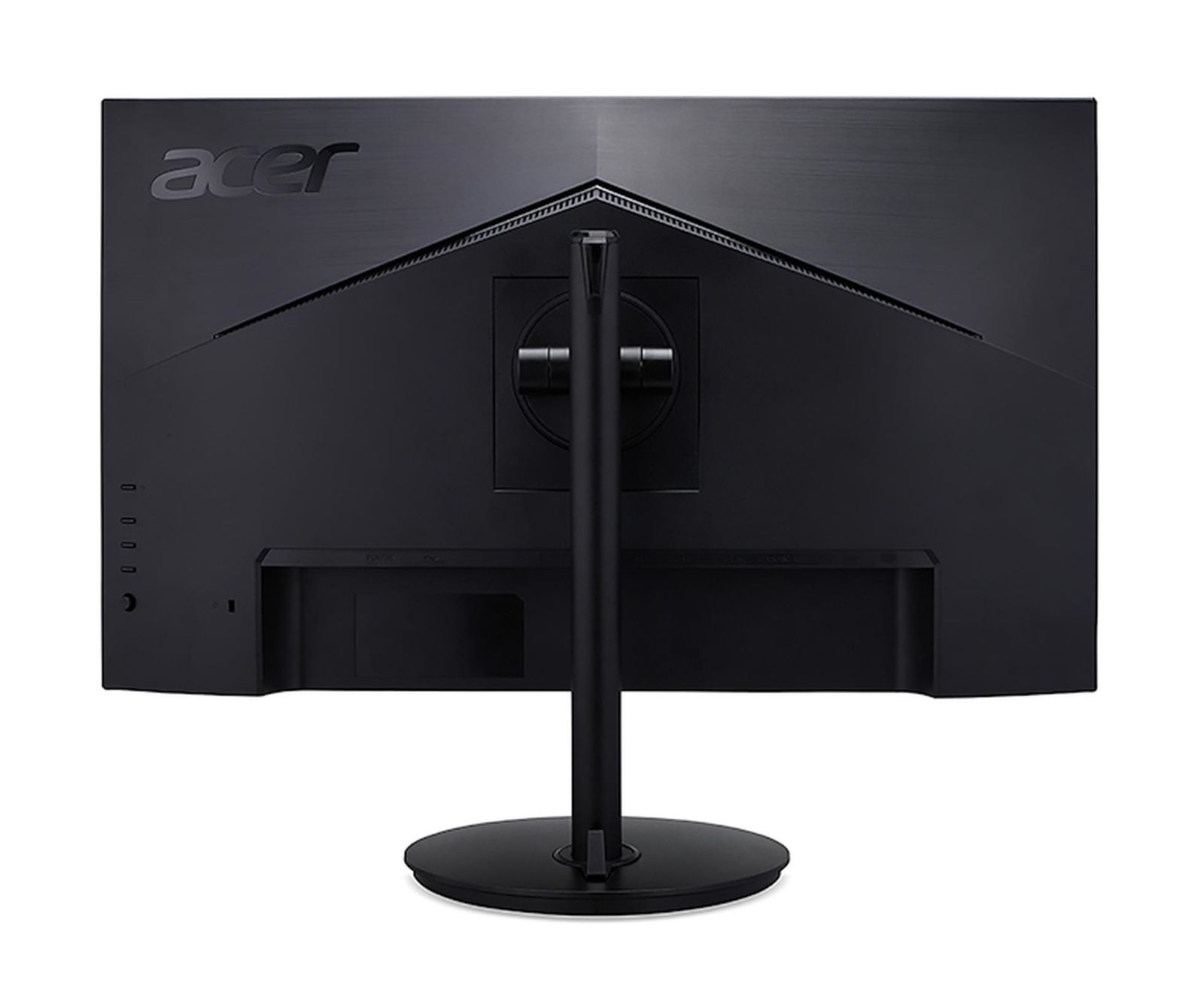 Tył czarnego monitora Acer. Podstawa i okrągła podstawa. Logo Acer w lewym górnym rogu. Porty po lewej stronie.