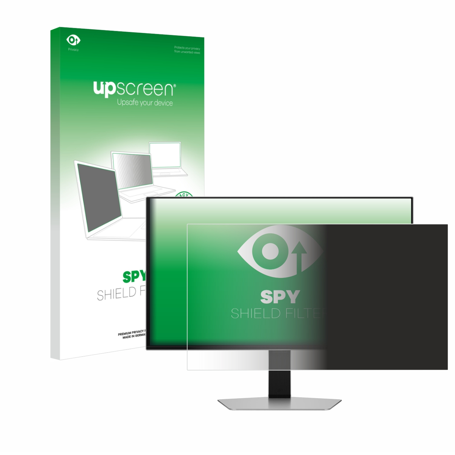 Ein Computermonitor mit einem Sichtschutz, eine Schachtel mit dem Markennamen 'upscreen' und Text 'SPY SHIELD FILTER'.