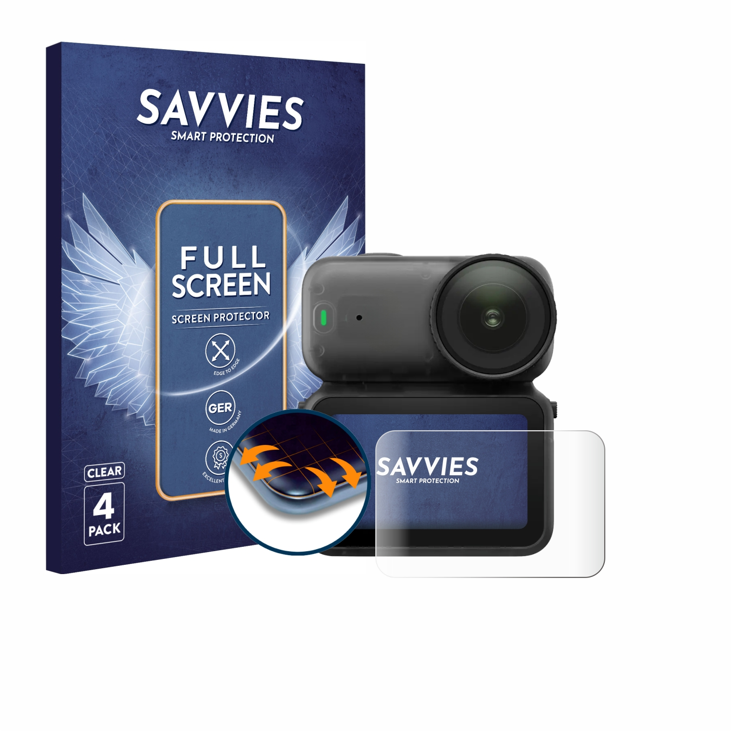 Ein Bildschirmschutz-Karton, eine Kamera und ein Bildschirmschutz liegen auf einer weißen Oberfläche. Auf der Box steht der Markenname SAVVIES.