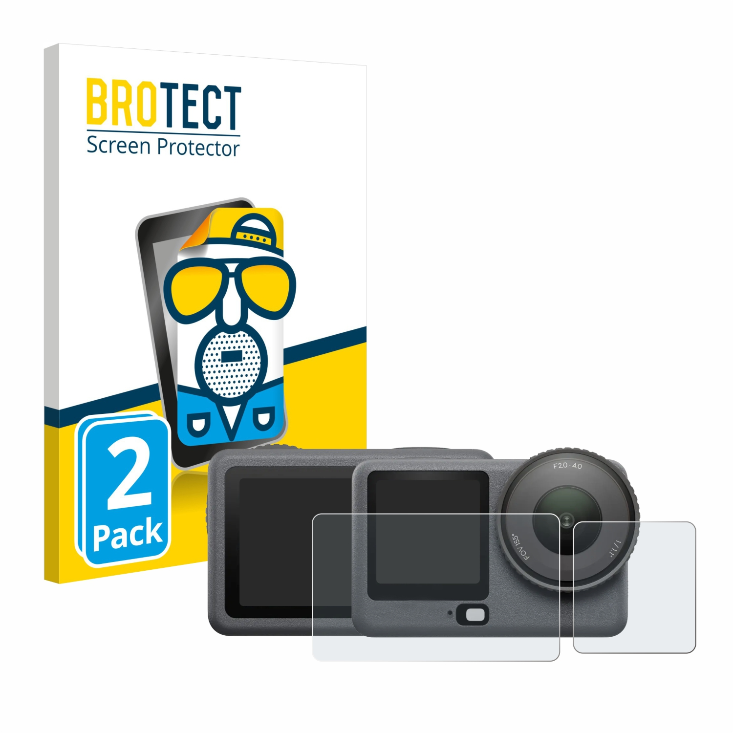 Eine Displayschutzfolienpackung mit einer Kamera und ihrer Displayschutzfolie. Die Packung hat ein Cartoon-Bild einer Person mit Brille und Hut.