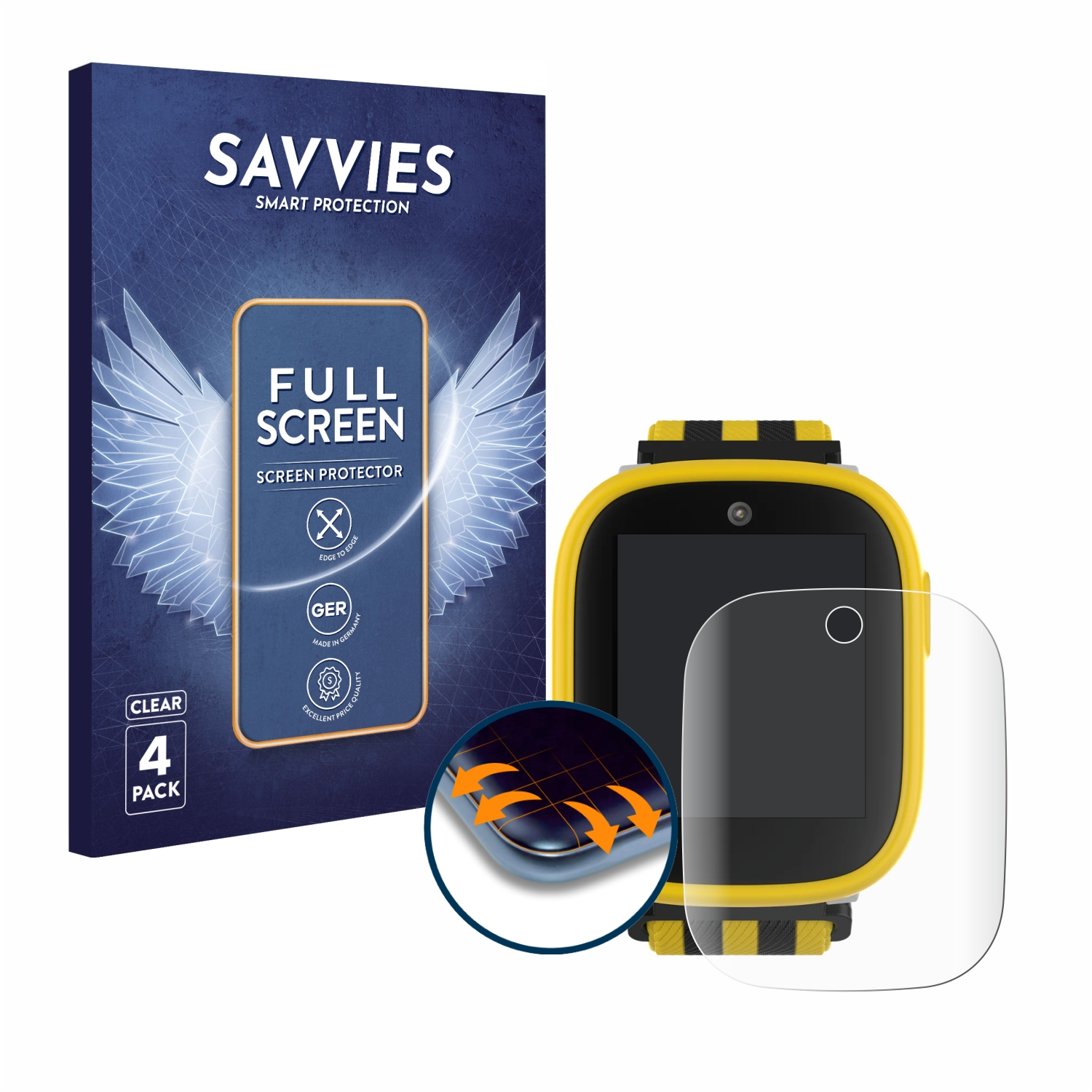 Das Bild zeigt eine Displayschutzfolie, eine Smartwatch und eine Verpackung. Die Schutzfolie ist klar. Die Uhr ist gelb und schwarz. Die Verpackung sagt 'SAVVIES'.