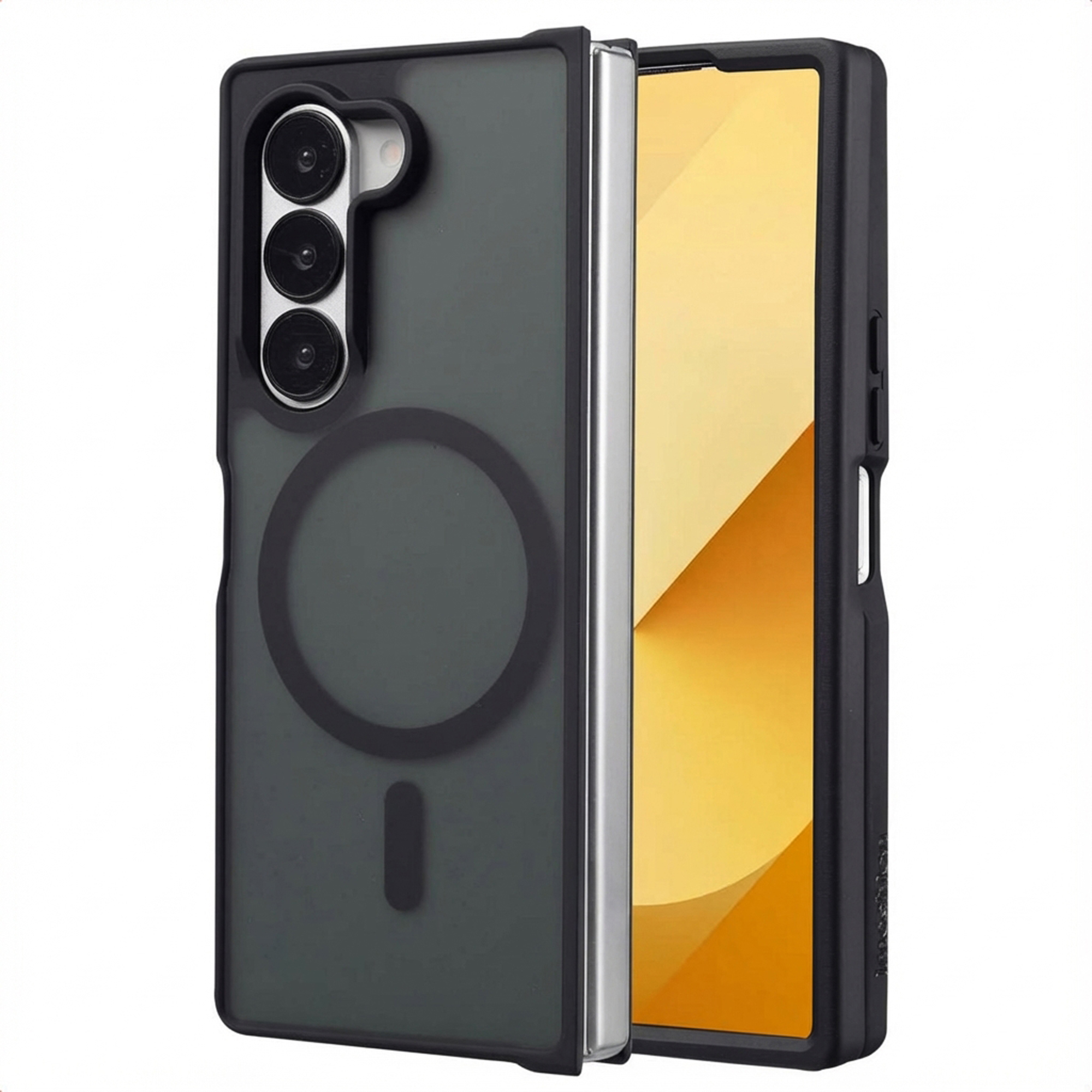 Coque de téléphone noire avec découpes pour appareil photo et écran jaune à droite. La coque a un cercle magnétique.