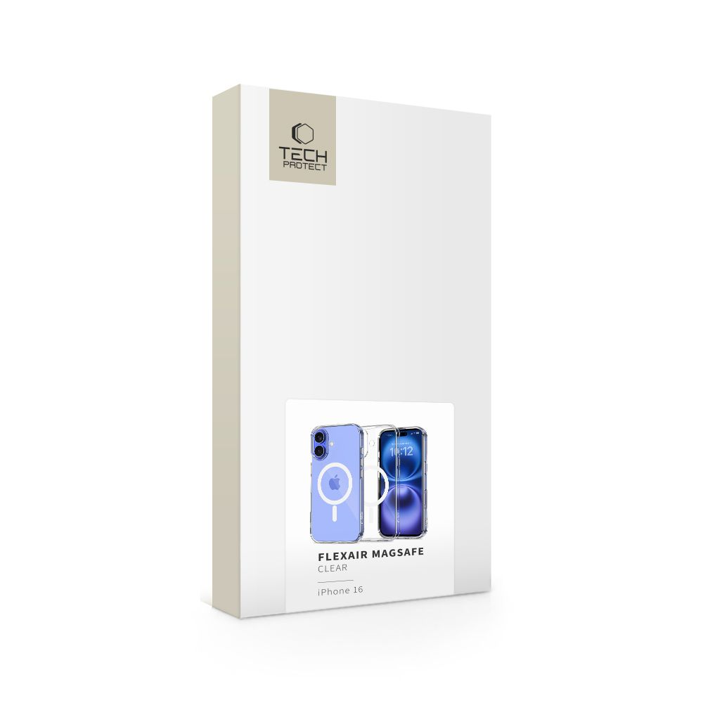 Eine weiße Schachtel mit einer Abbildung einer Handyhülle. Die Hülle ist transparent mit einem lila Apple-Logo. Die Schachtel zeigt die Hülle auf einem iPhone 16.