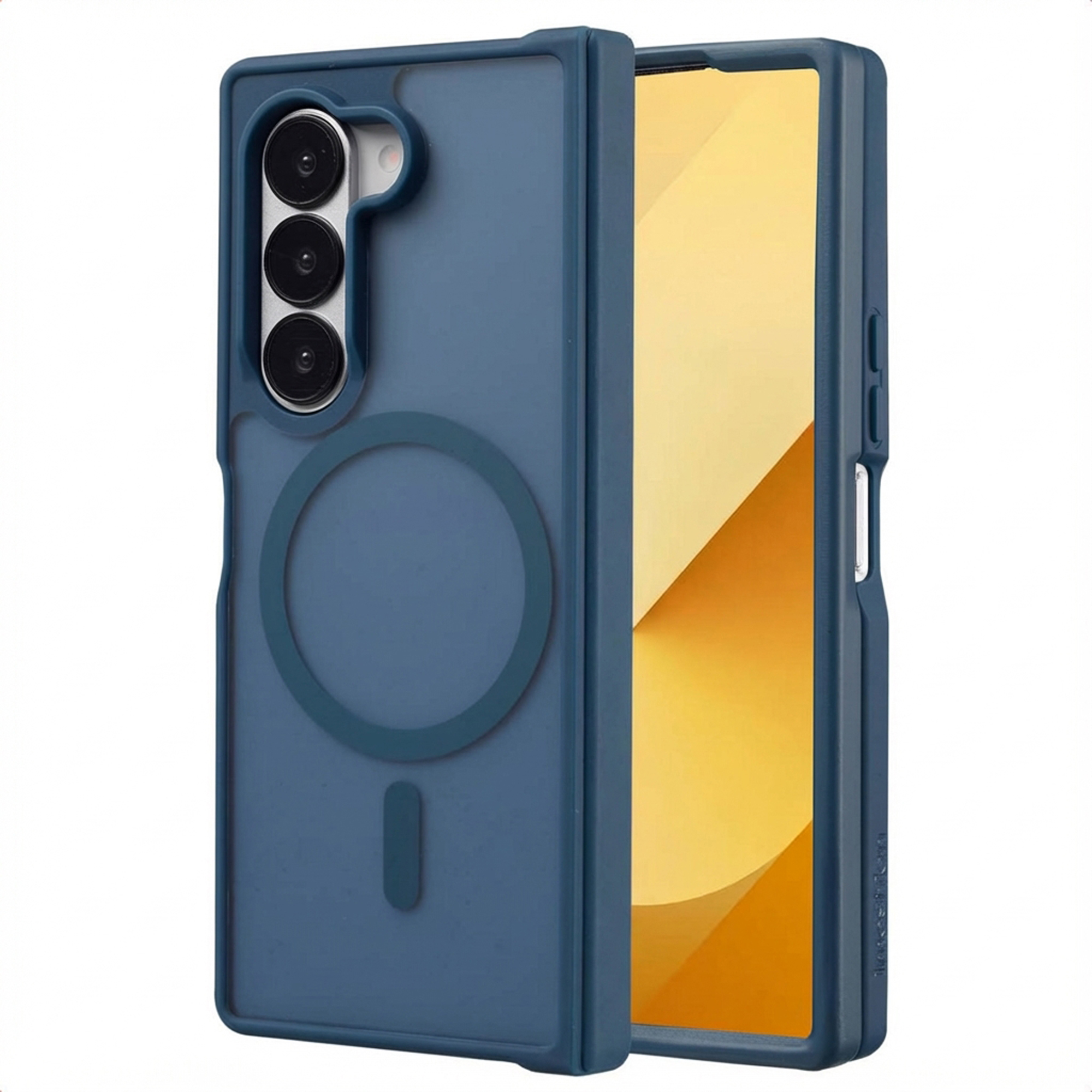 Blauwe telefoonhoes met camera-uitsparing en geel scherm. Magnetische cirkel en rechthoek aan de achterkant.