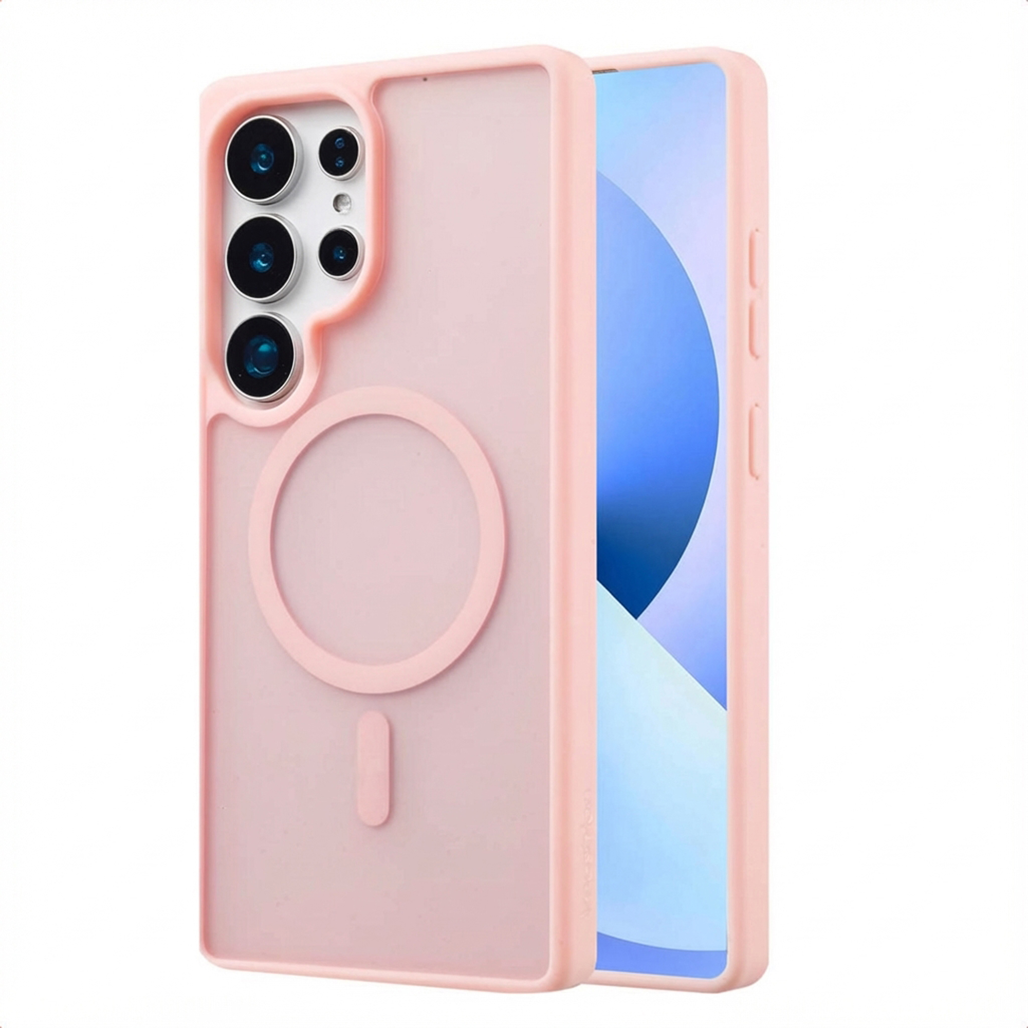 Roze telefoonhoesje met camera-uitsparingen, magnetische ring en een zichtbaar telefoonscherm rechts.