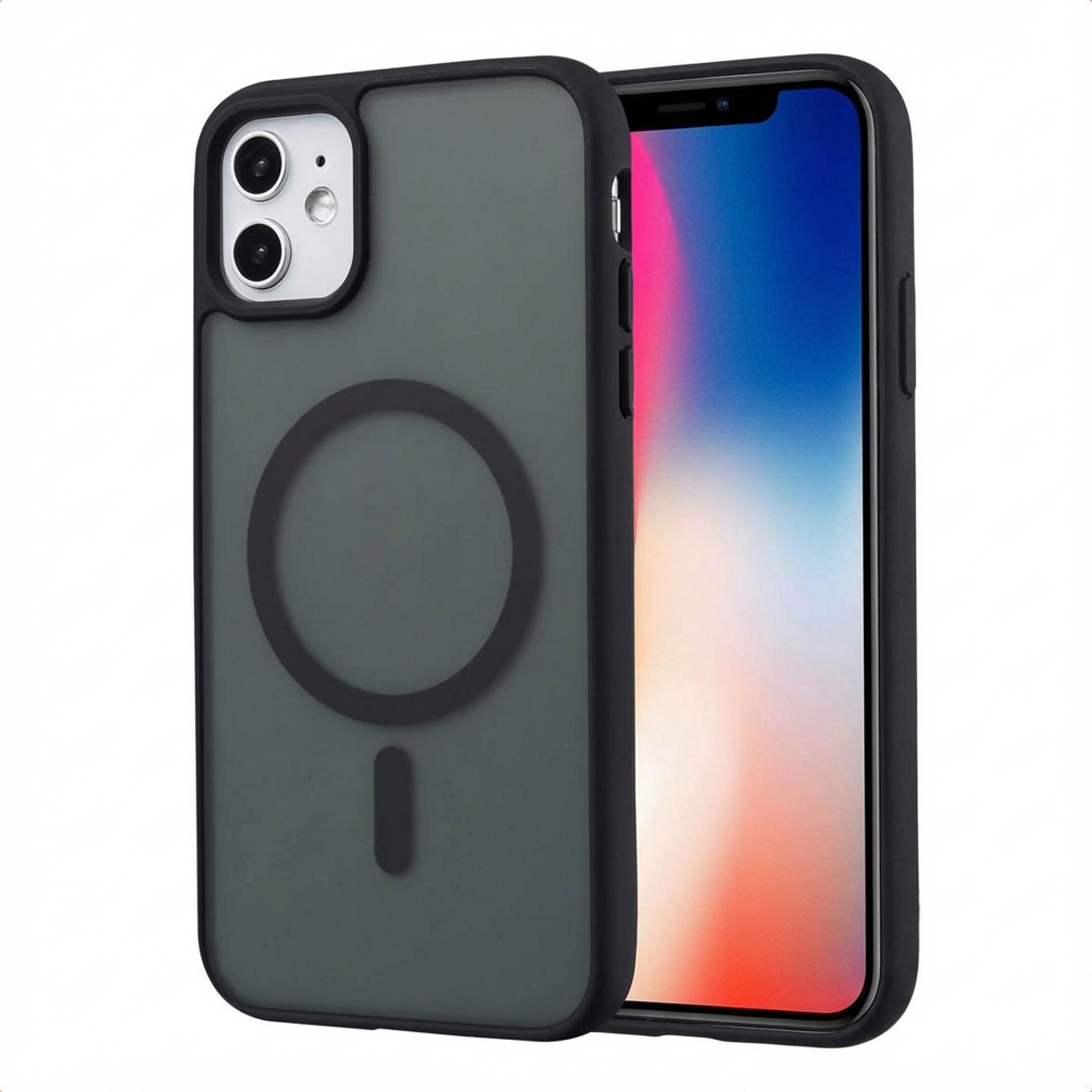 Un téléphone dans un étui vert. L'écran affiche un dégradé coloré. L'étui a un cercle magnétique et des bords noirs.