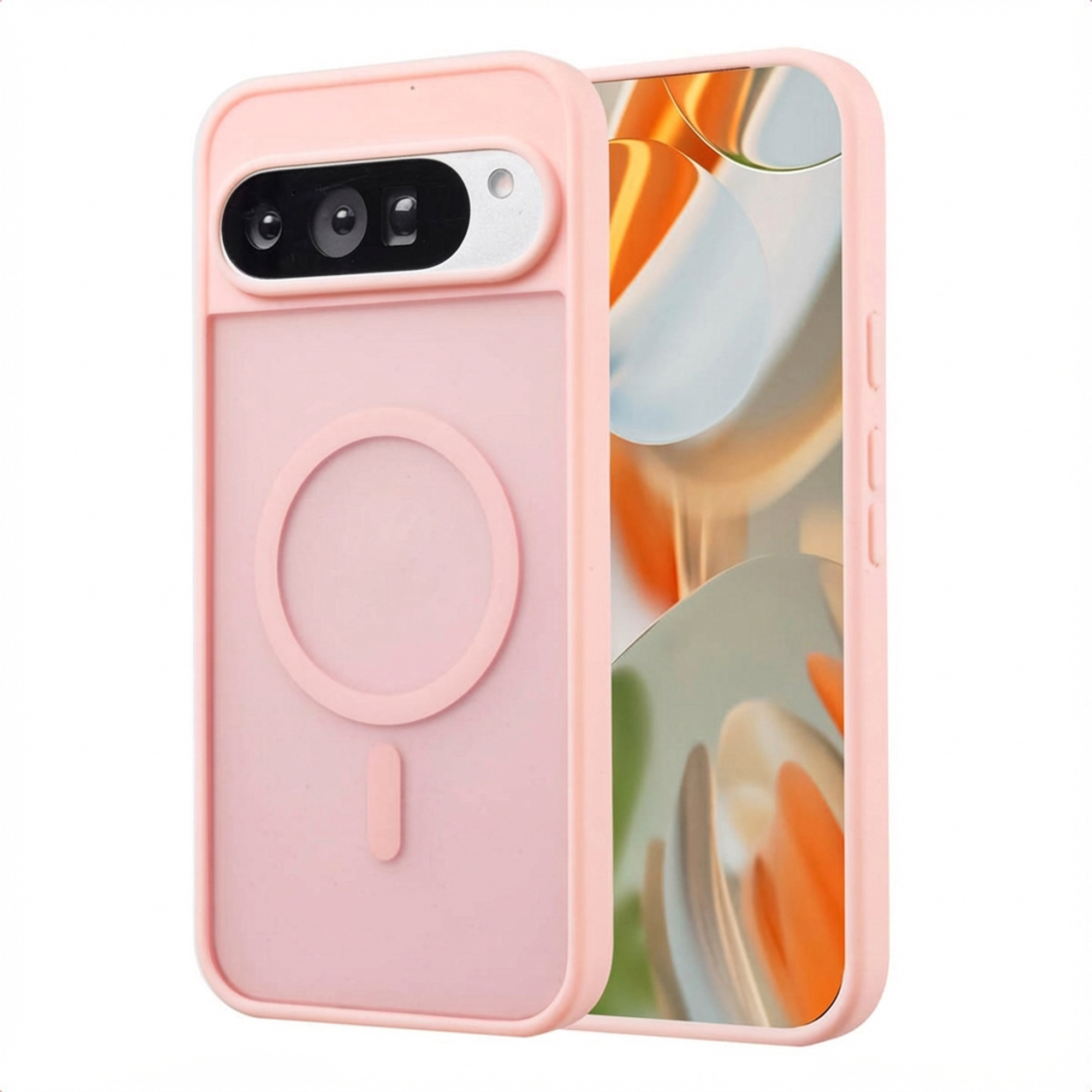 Roze telefoonhoesje met camera-uitsparing en cirkelvormig ontwerp. Het scherm toont oranje en witte vormen.