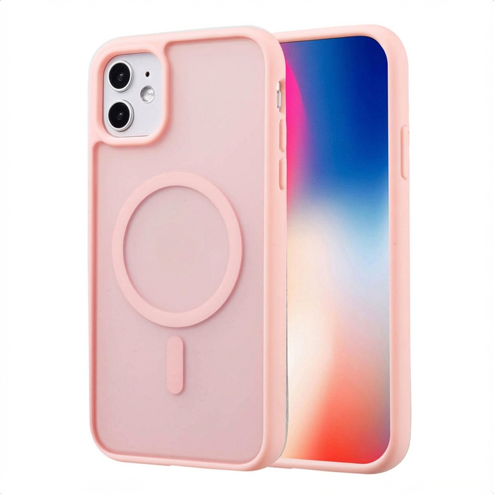 Een roze telefoonhoesje met een ingebouwde ring en een telefoon erin. Het telefoonscherm toont een kleurverloop.