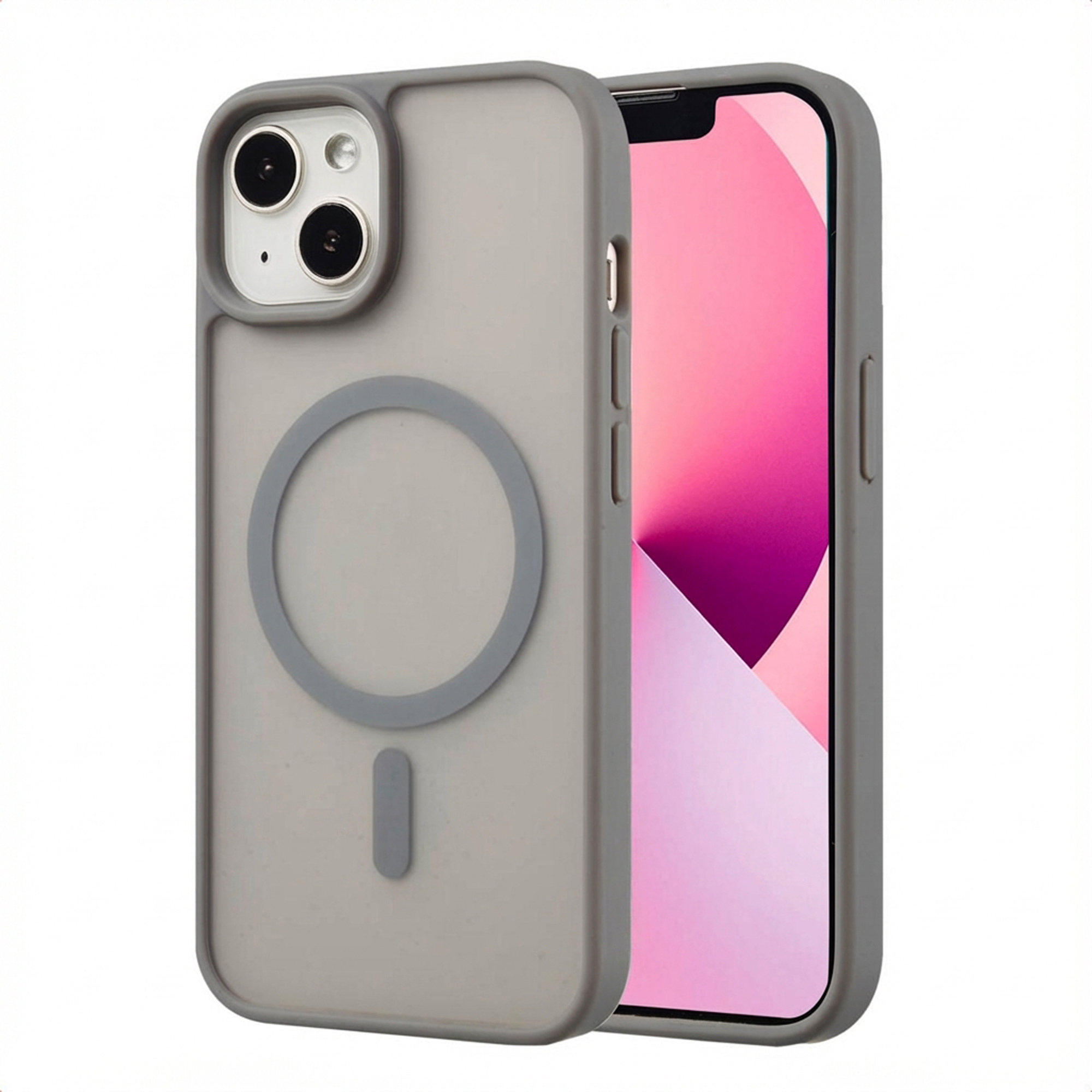 Een grijze telefoonhoes met een cirkel- en rechthoekontwerp op de achterkant, met een iPhone met roze scherm.