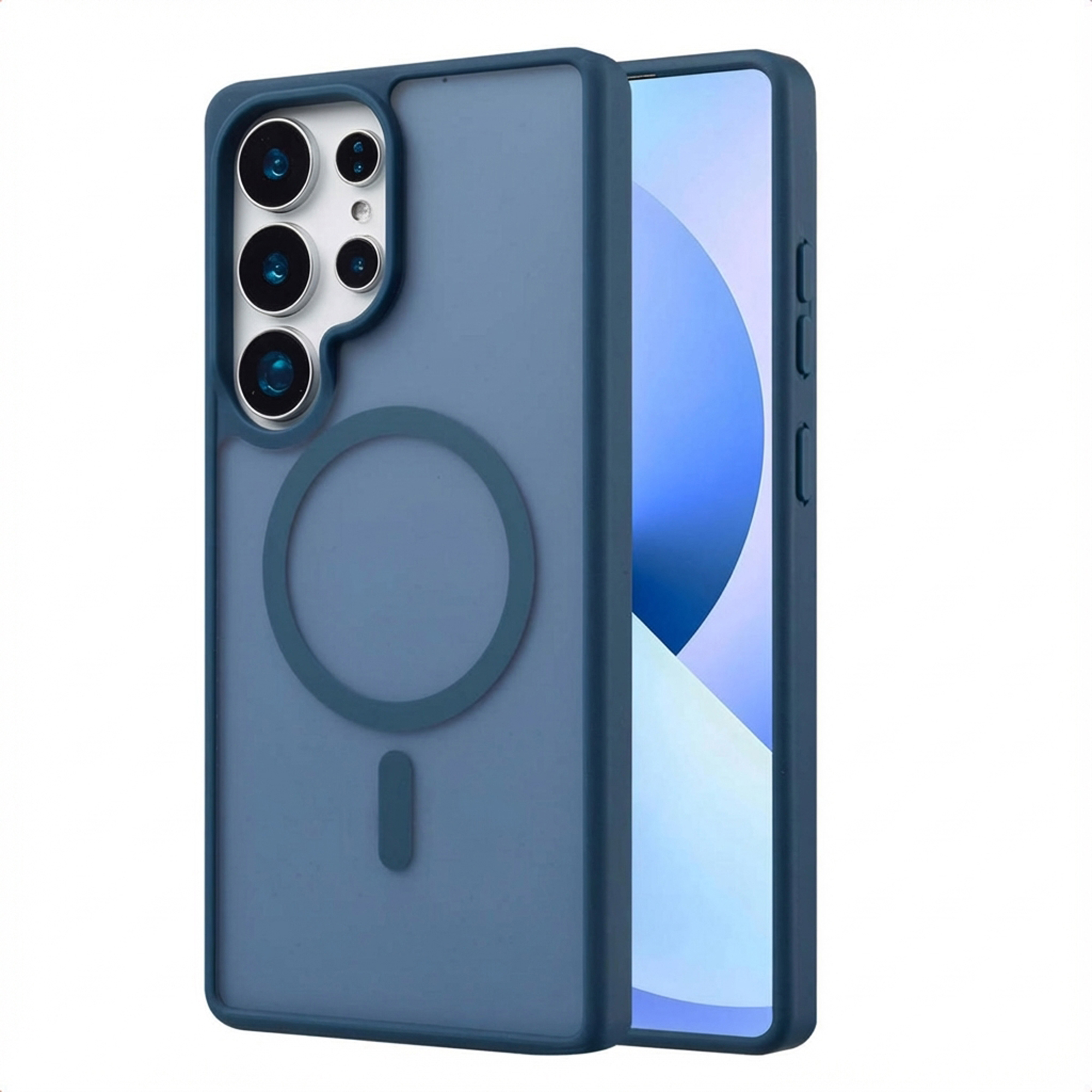 Coque de téléphone bleue avec plusieurs découpes de caméra, un cercle et une barre verticale. L'écran est visible.