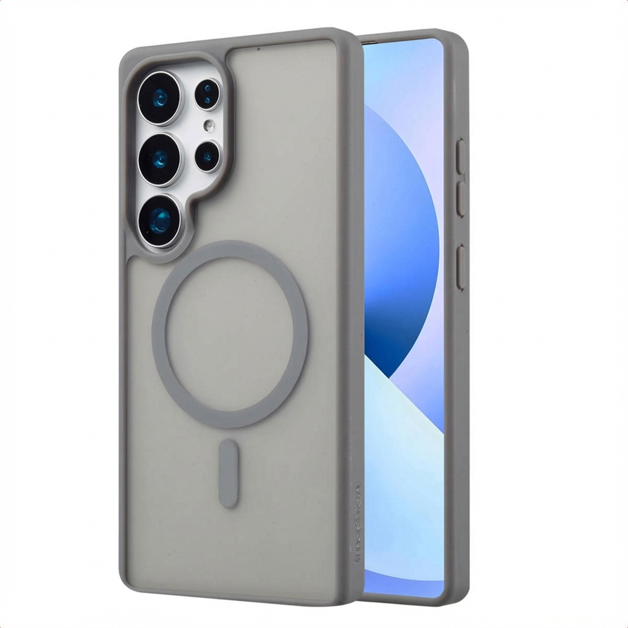 Une coque de téléphone grise avec un téléphone à l'intérieur. La coque a une découpe pour l'appareil photo et un anneau magnétique. L'écran est visible.