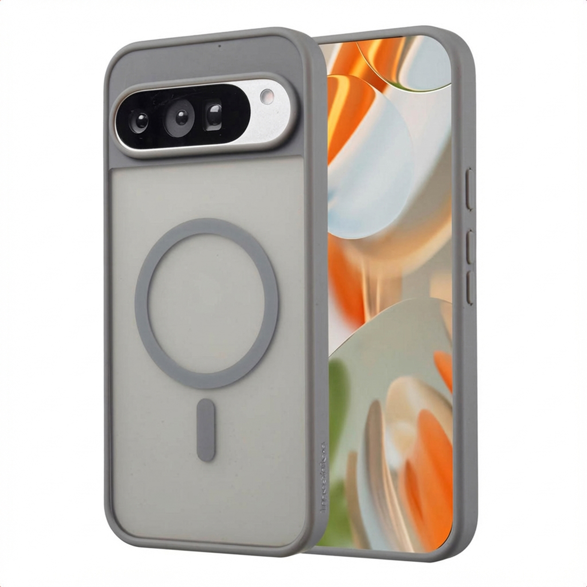 Une coque de téléphone grise avec dos transparent et anneau magnétique. L'écran affiche des formes abstraites oranges et blanches.