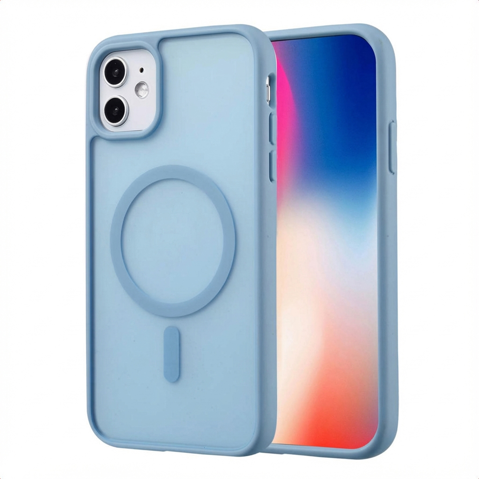 Une coque de téléphone bleu clair avec un design de cercle et de rectangle au dos, tenant un téléphone avec un écran coloré.
