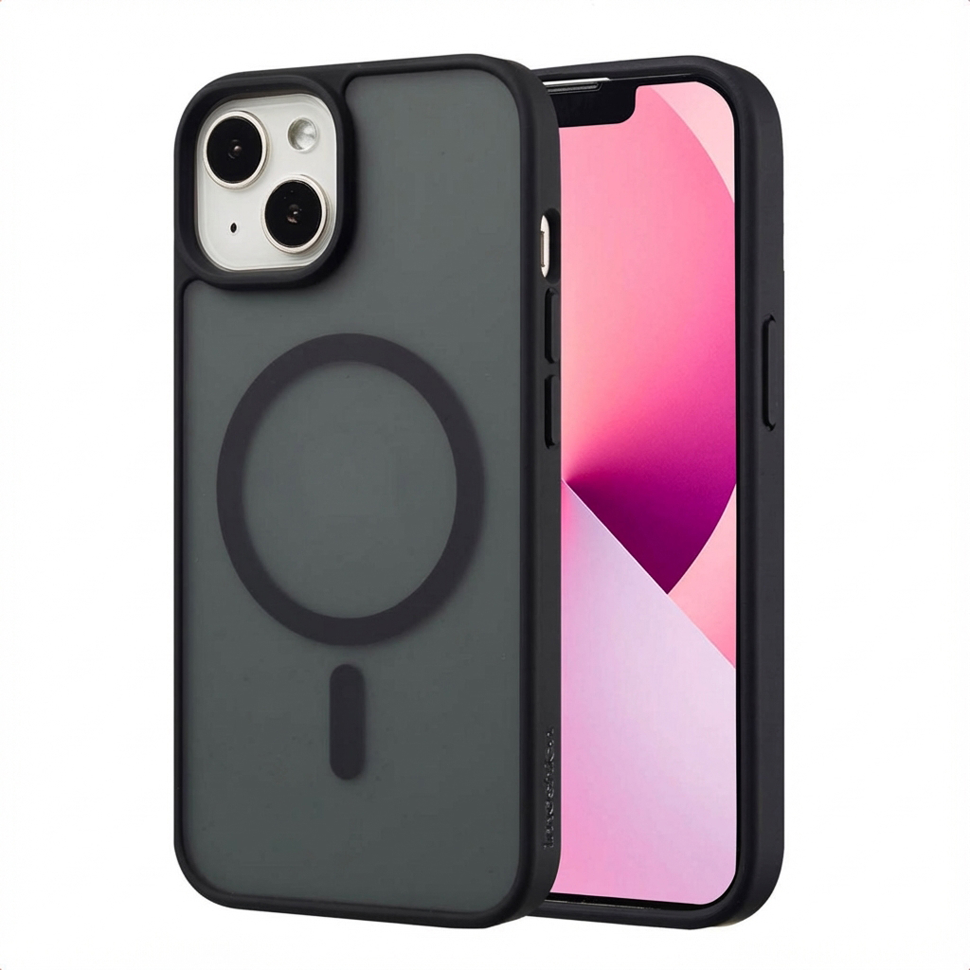 Een iPhone in een donkergrijze telefoonhoes. Het scherm toont een roze verloop. De hoes heeft een magnetische cirkel aan de achterkant.