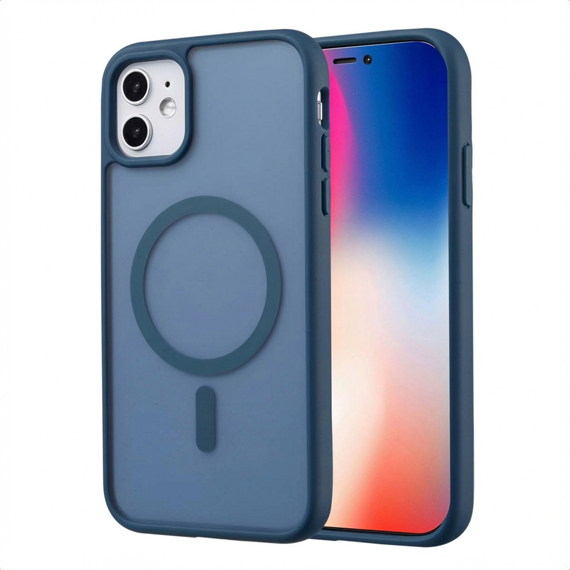 Un étui de téléphone bleu avec un cercle clair et un écran affichant des couleurs rouges et bleues.
