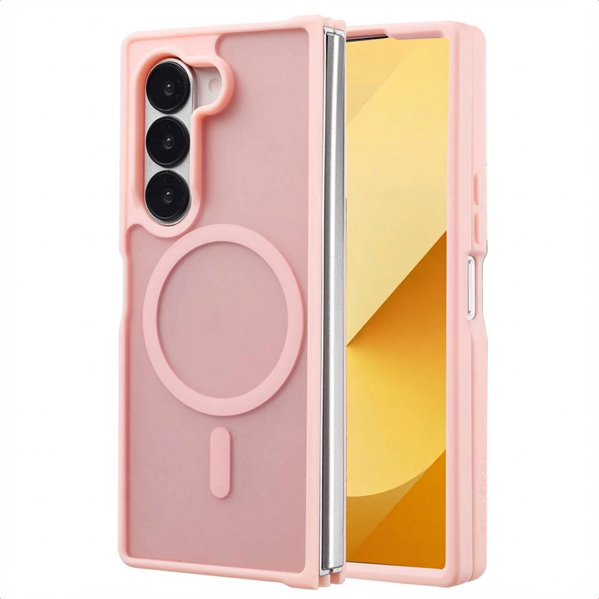 Een roze telefoonhoesje met drie cameralenzen, een cirkel en een rechthoek. De open telefoon toont een geel scherm.