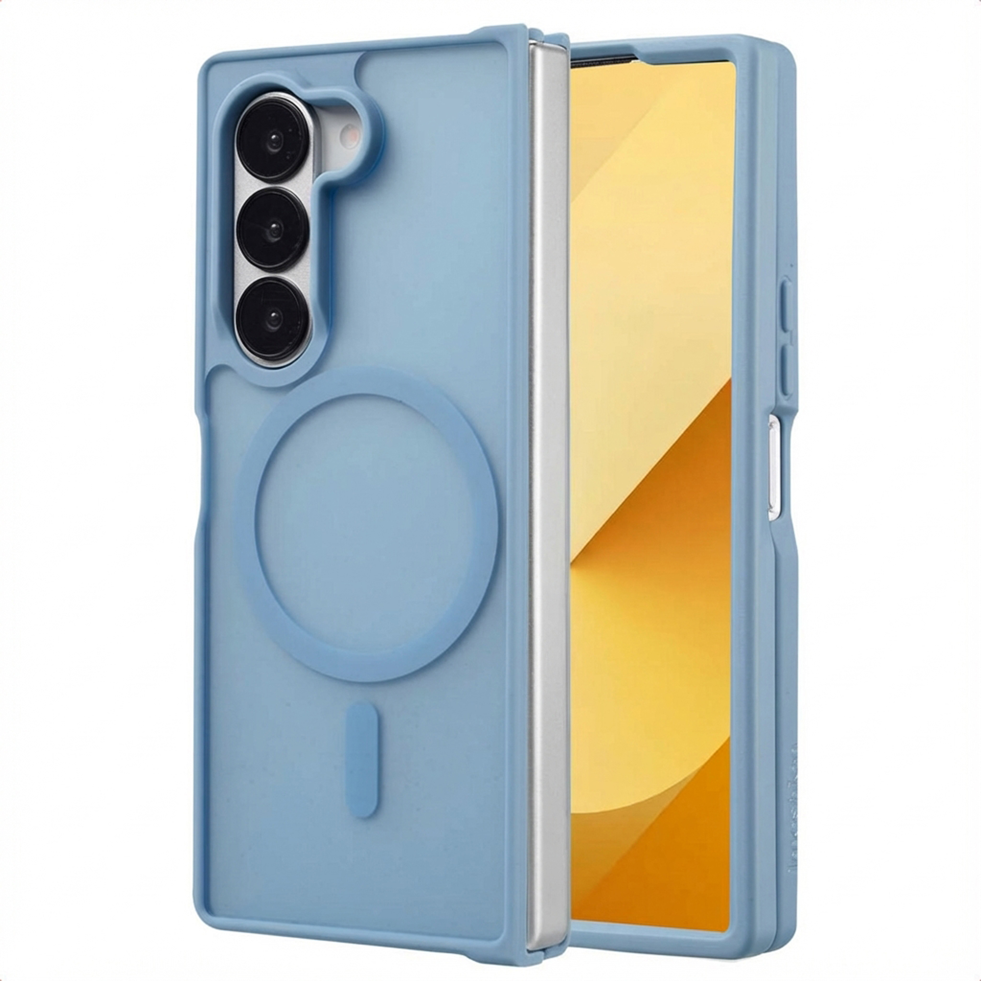 Een lichtblauwe telefoonhoes met drie cameralenzen. Het telefoonscherm is geel. De hoes heeft een cirkelvormig ontwerp.