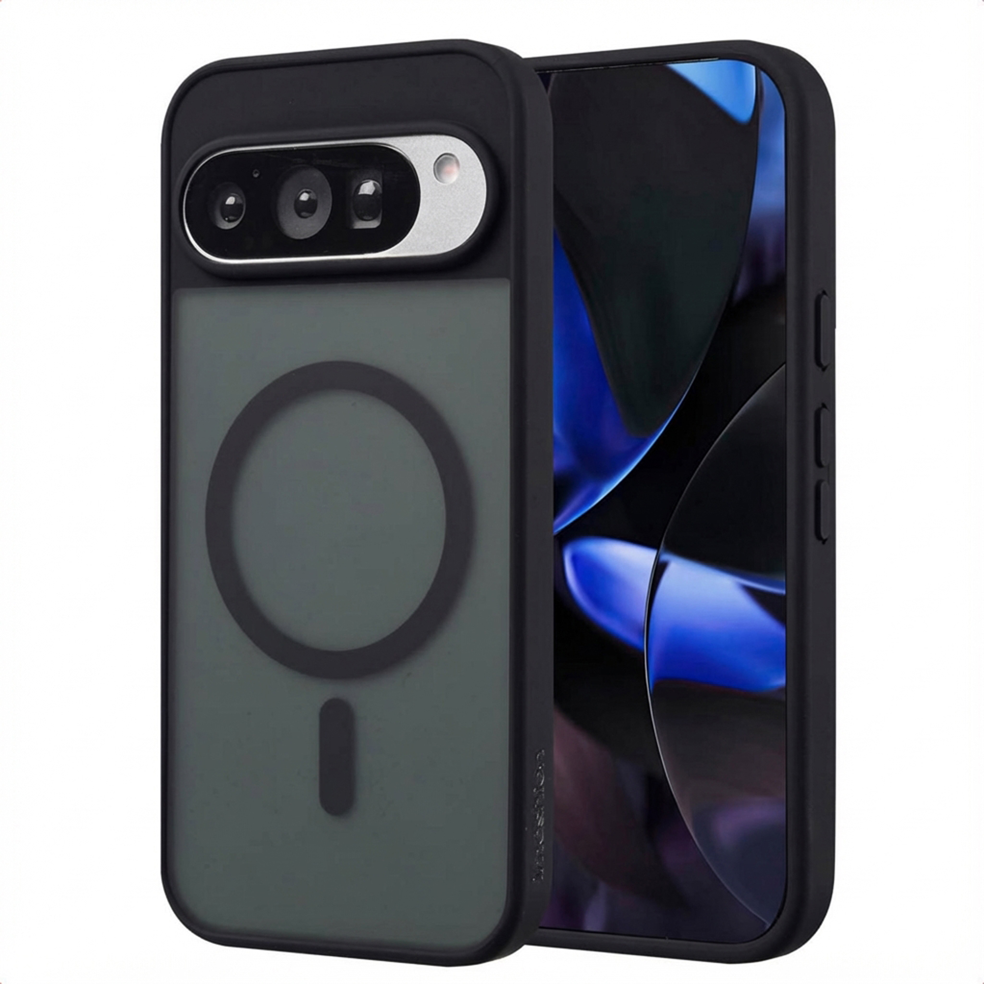 Zwarte telefoonhoes met camera-uitsparing, cirkel en telefoonscherm met blauw en zwart ontwerp.
