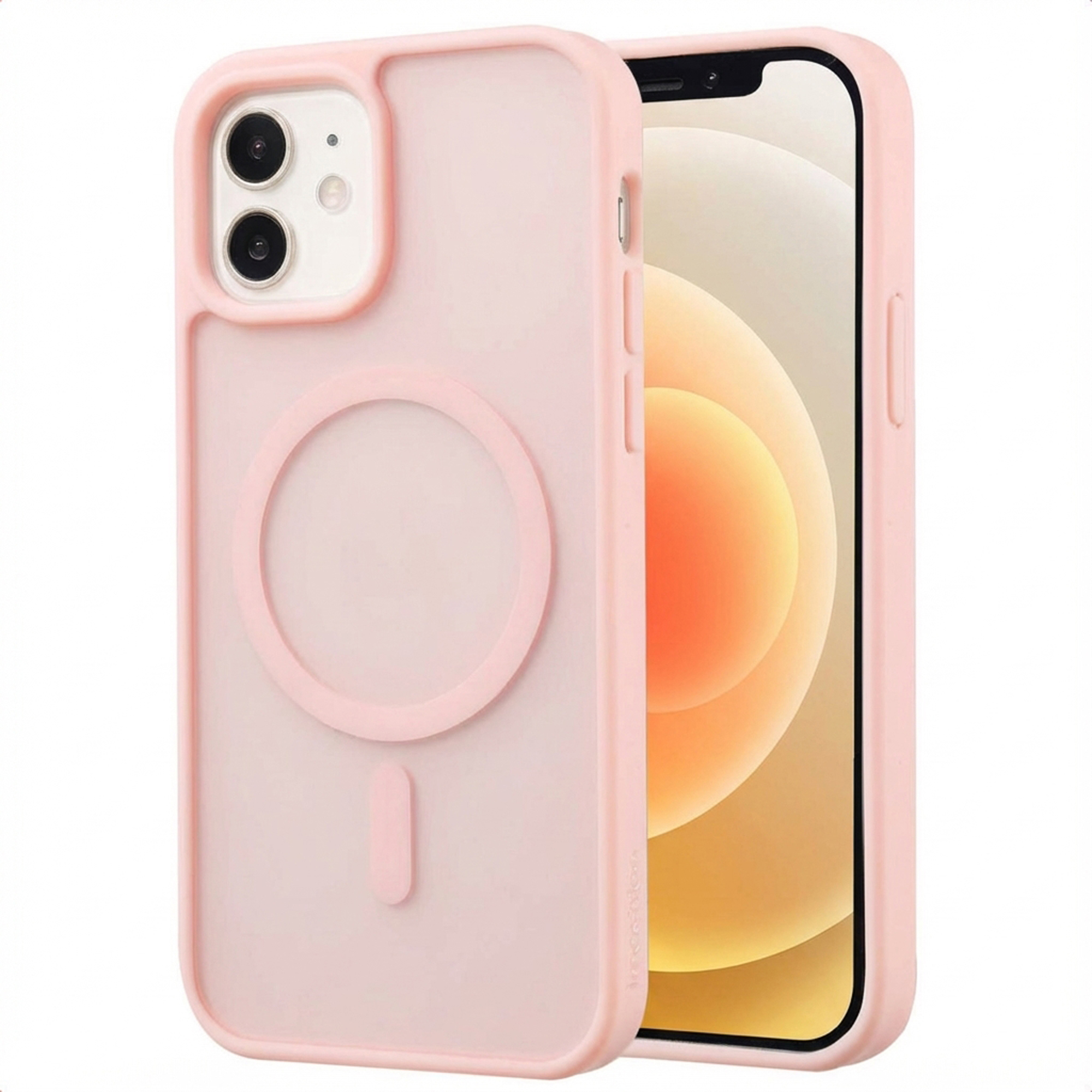 Roze telefoonhoesje met een cirkel en een rechthoek. Een iPhone zit in de hoes. De achtergrond is wit.