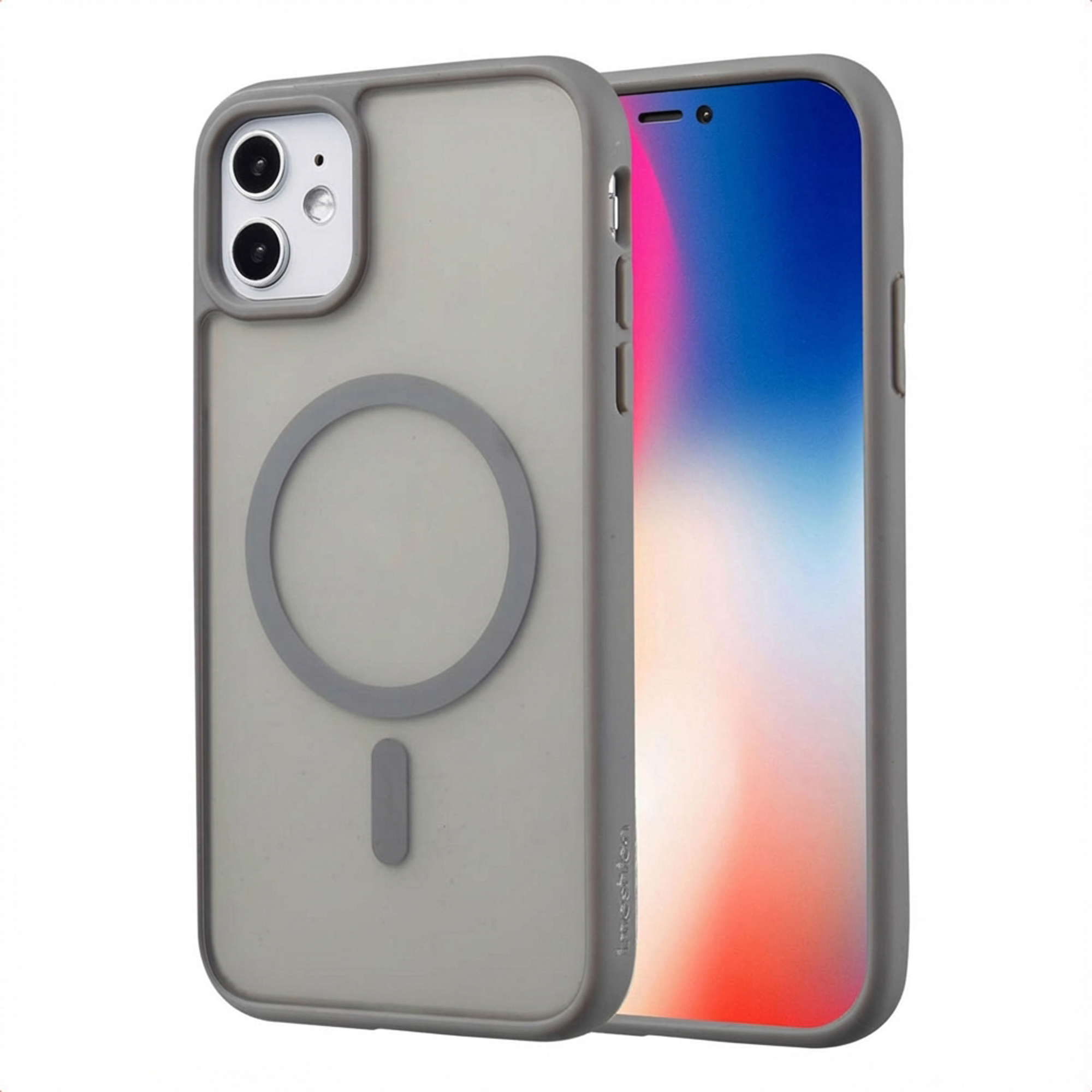 Telefoon in een grijze hoes. Het scherm toont een kleurverloop. De hoes heeft een cirkelvormige en rechthoekige magnetische bevestiging.