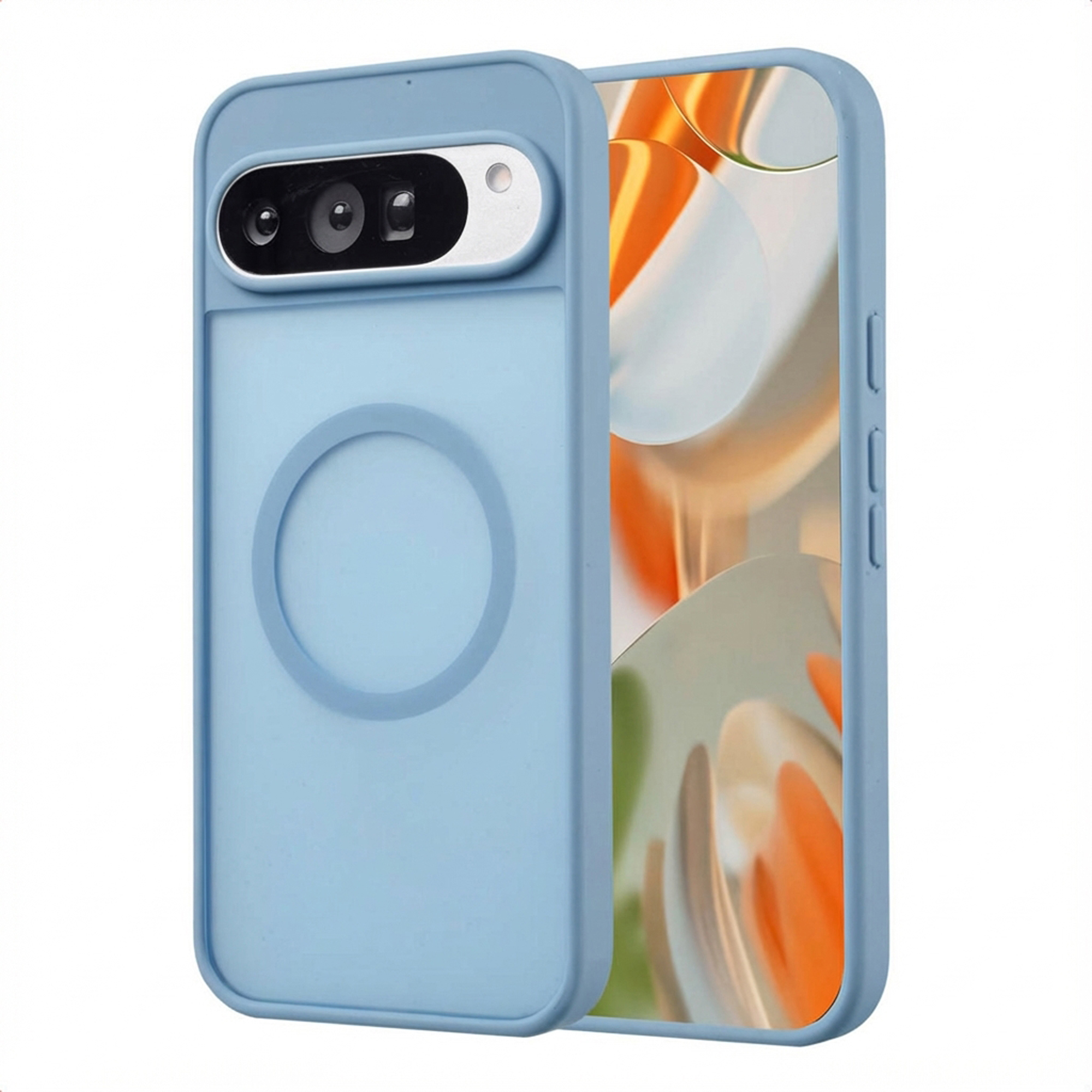 Een lichtblauwe telefoonhoes met een telefoon erin. De hoes heeft een camera-uitsparing en een cirkelvormig ontwerp.