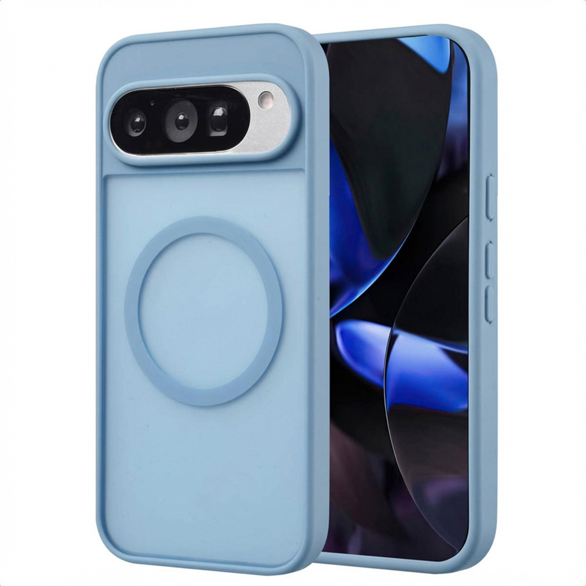 Une coque de téléphone bleu clair avec un téléphone à l'intérieur. La coque a une découpe caméra et un anneau circulaire.
