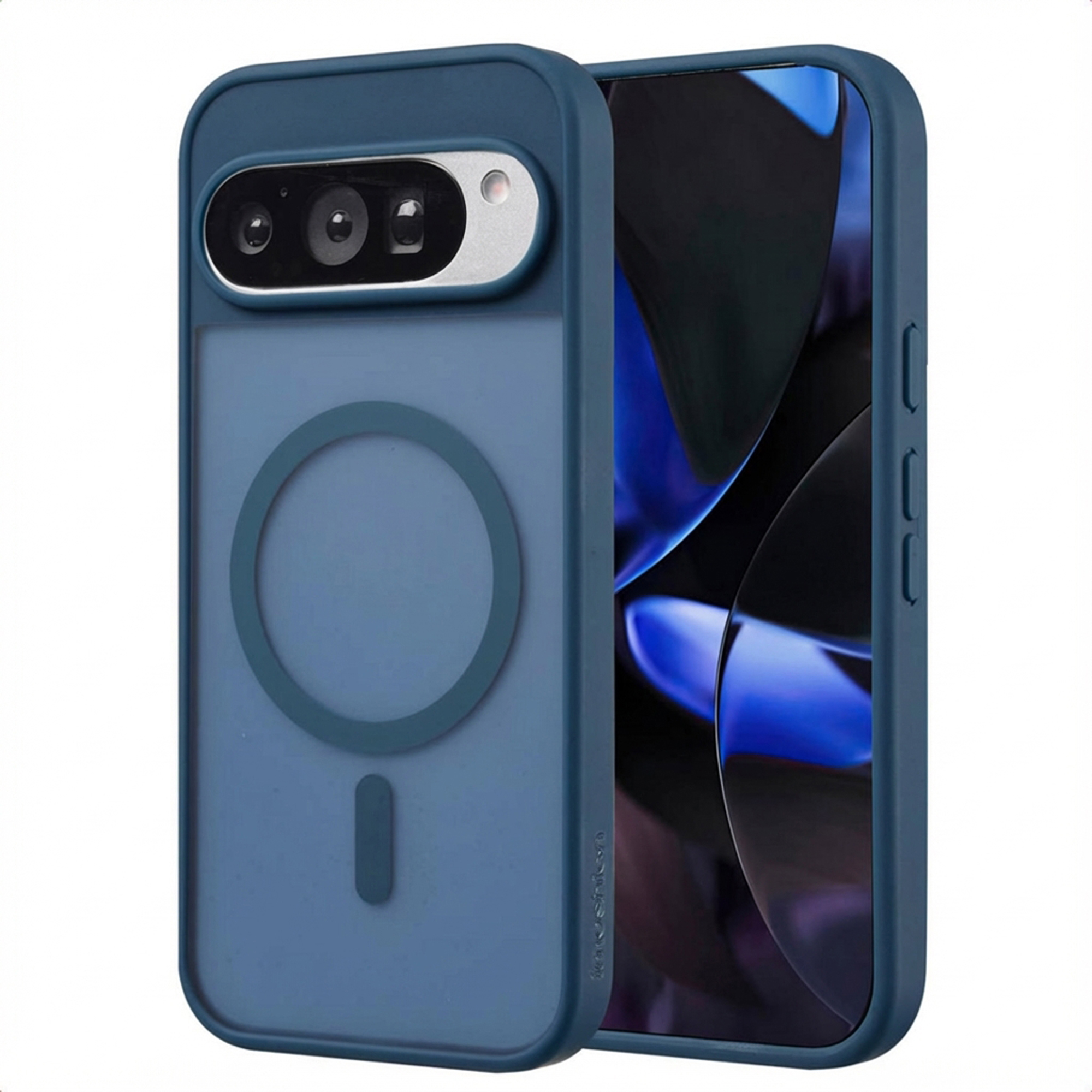 Een donkerblauwe telefoonhoes met een doorzichtige achterkant en een donker scherm. De hoes heeft een camera-uitsparing en een magnetische ring.