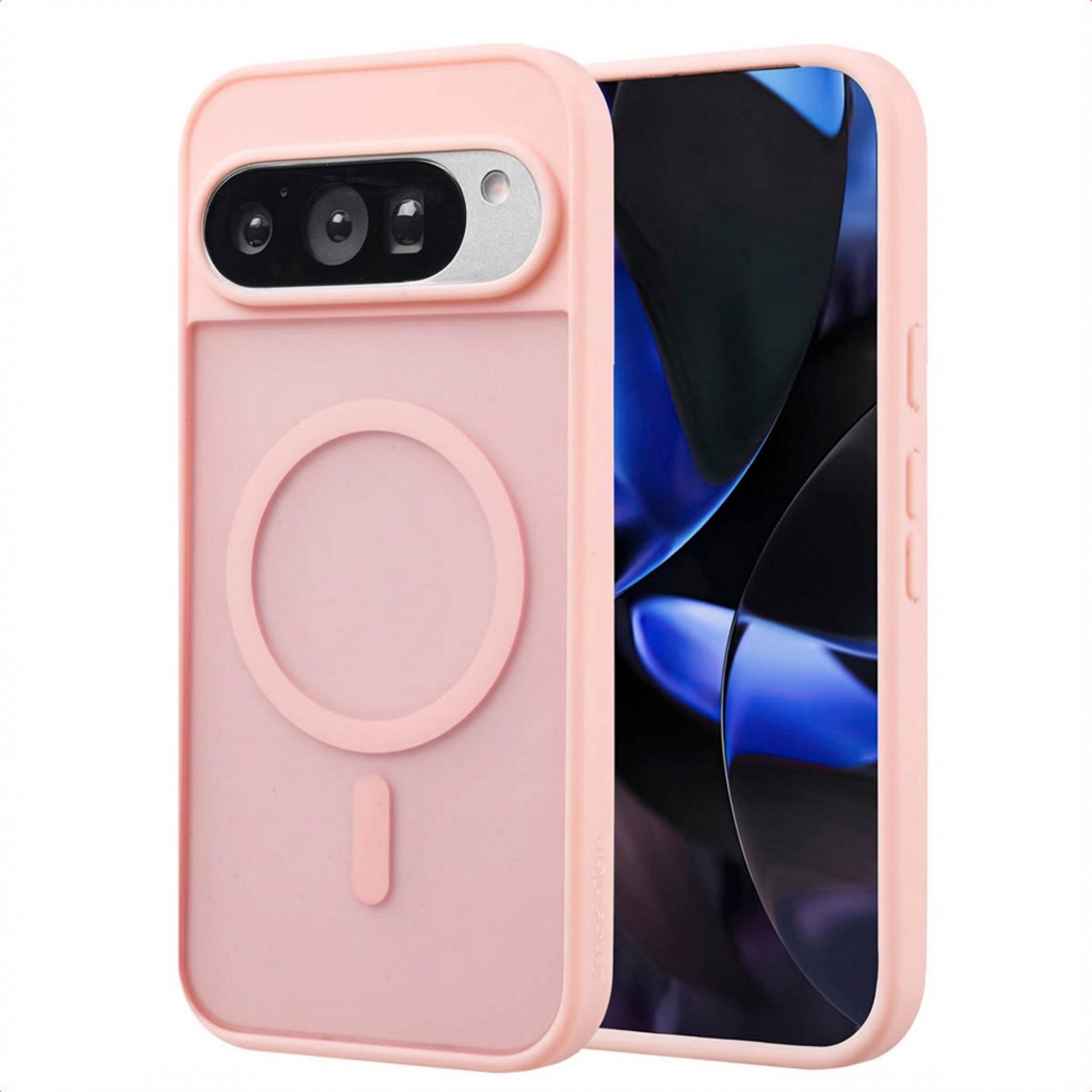 Roze telefoonhoesje met telefoon erin. Camera-uitsparing, MagSafe-cirkel, knoppen.