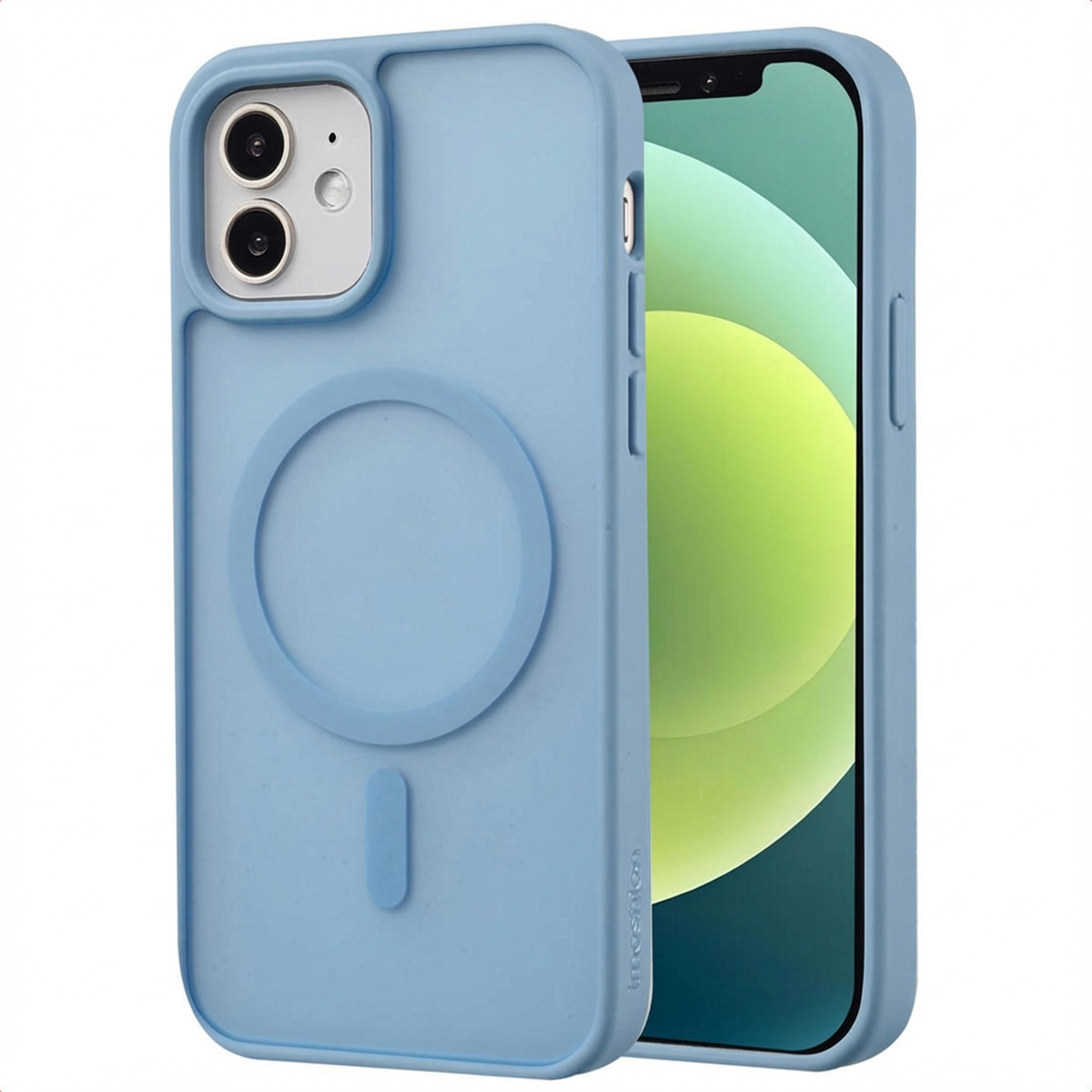 Een lichtblauwe telefoonhoes met een iPhone erin. De hoes heeft een cirkelvormig ontwerp op de achterkant.