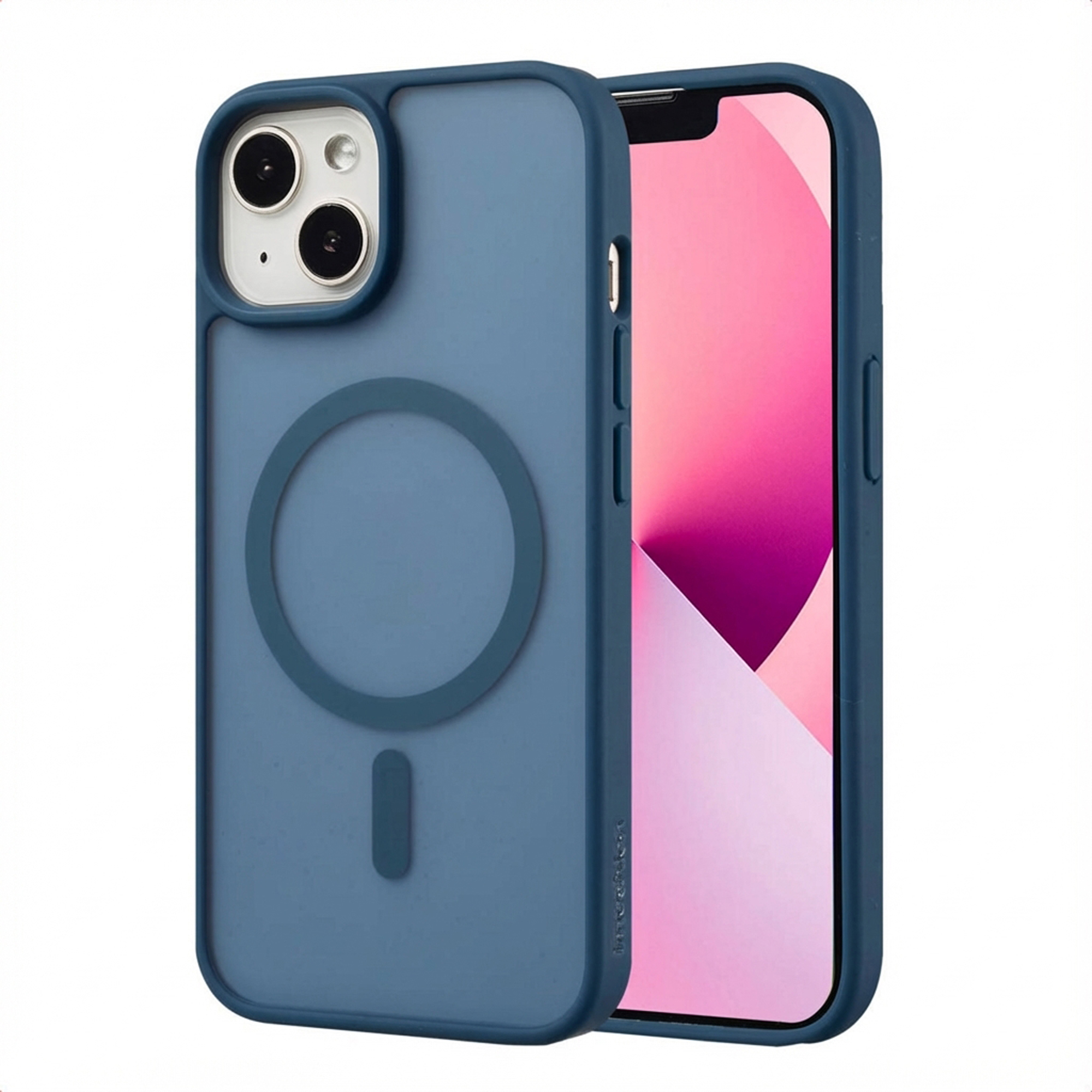 Een blauwe telefoonhoes met een telefoon erin. De telefoon heeft een roze scherm. De hoes heeft een cirkelvormig ontwerp.
