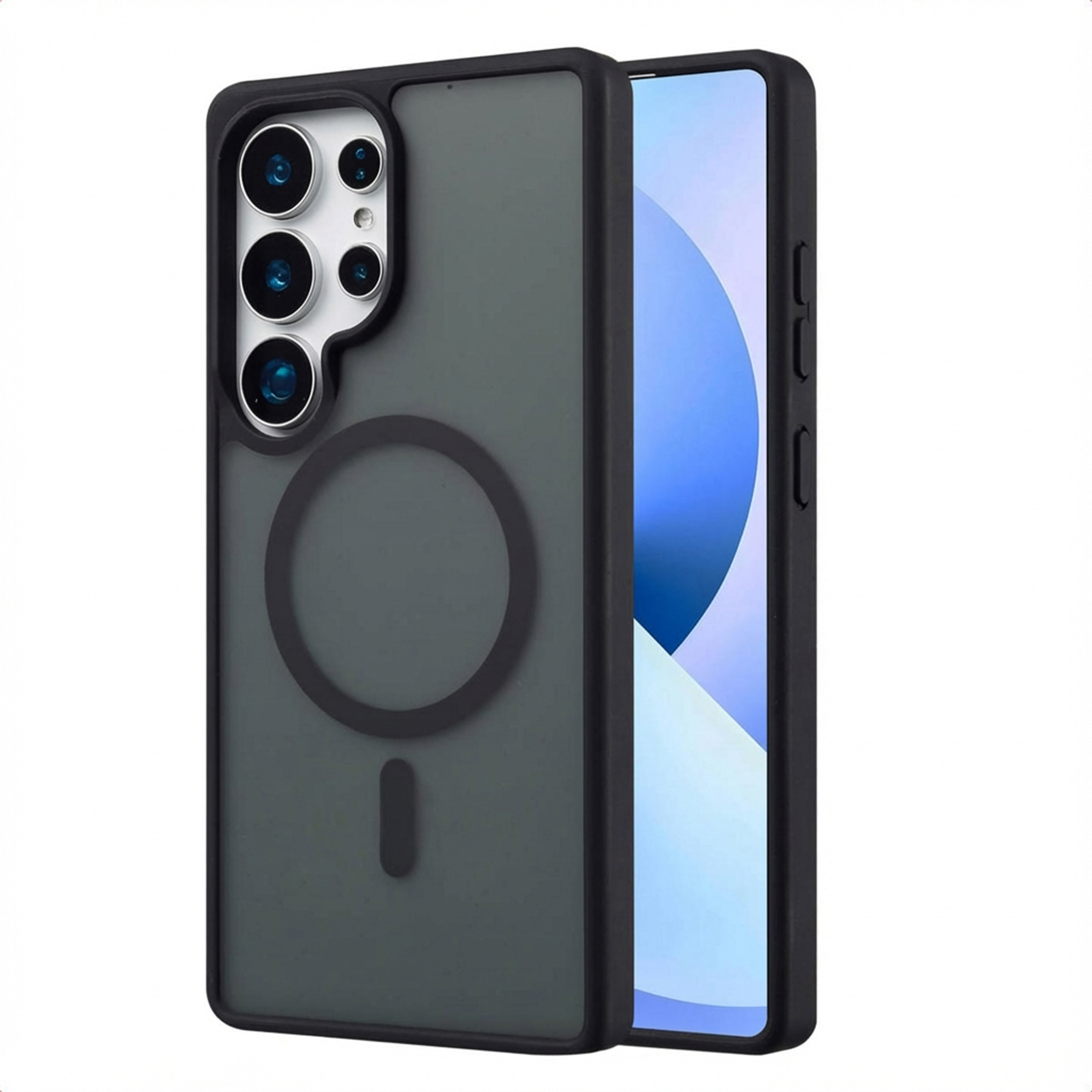 Telefoon in een zwarte hoes. De hoes heeft een cirkelvormige magneet en camera-uitsparingen. Het scherm is zichtbaar.