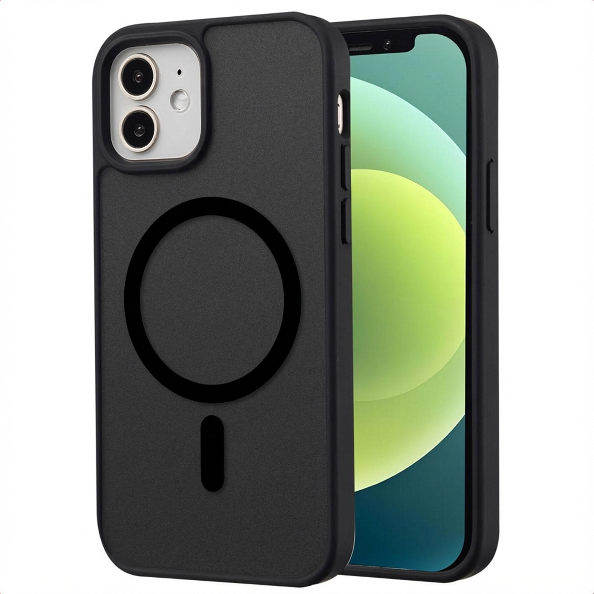 Zwarte telefoonhoes met een zwarte cirkel en een telefoon erin. Het scherm toont een groene en blauwe achtergrond.