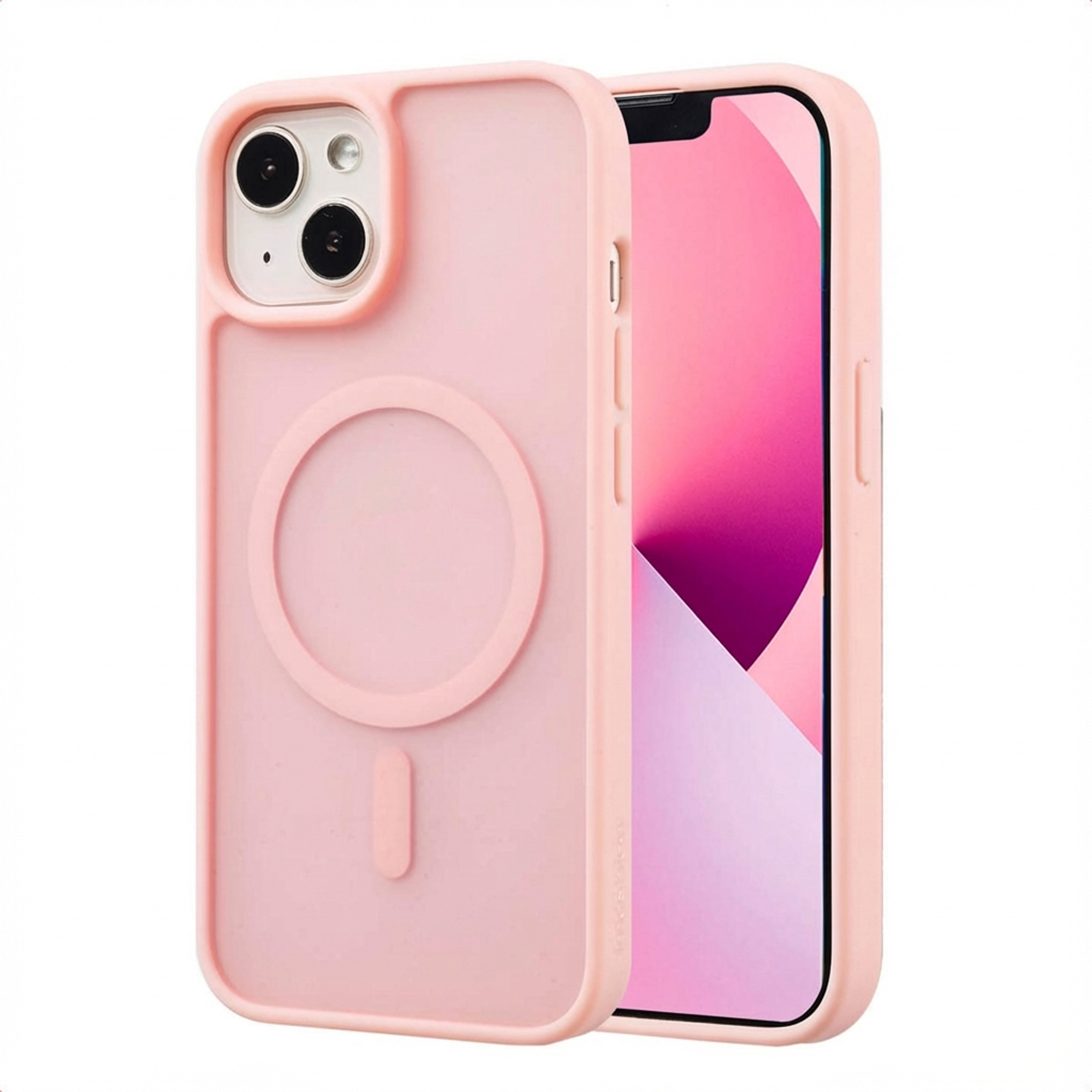 Roze telefoonhoesje met een iPhone. De hoes heeft een camera-uitsparing, een magnetische cirkel en een aan/uit-knop.