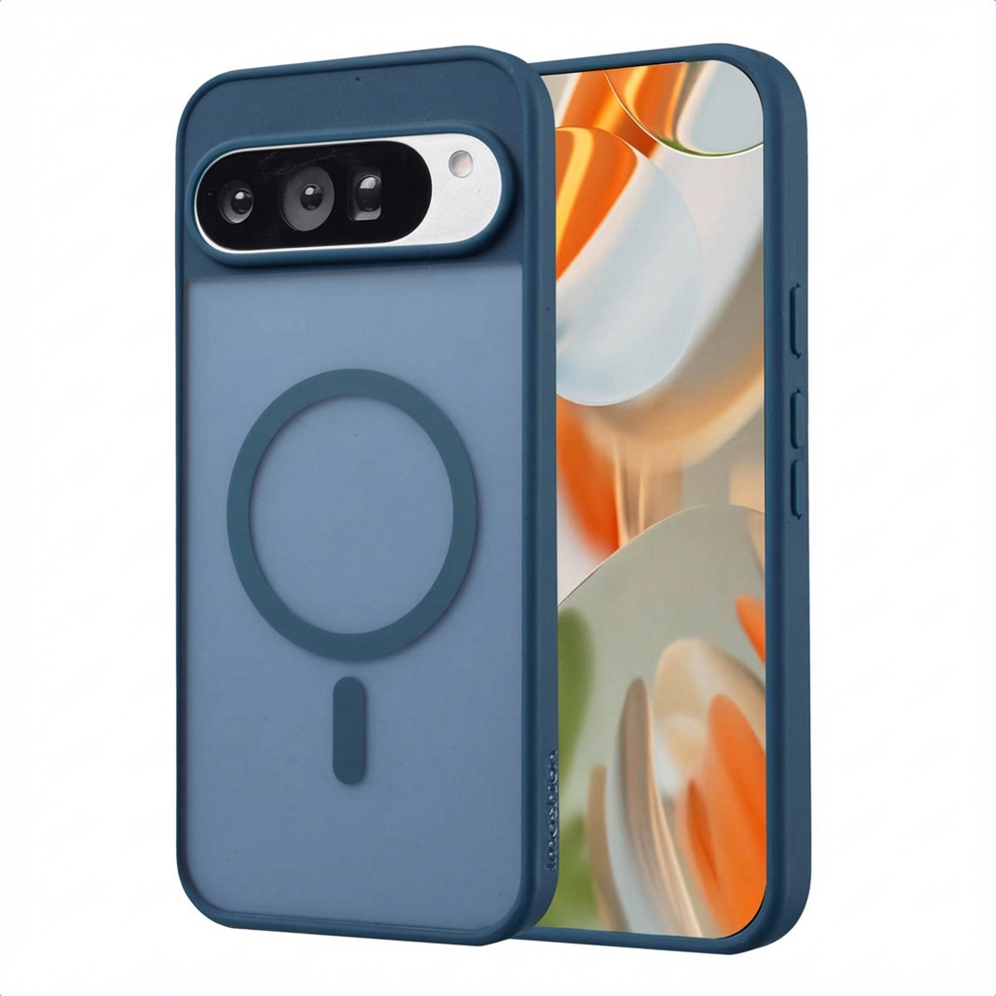Een blauwe telefoonhoes met camera-uitsparing, magnetische ring en een scherm met oranje en witte patronen.