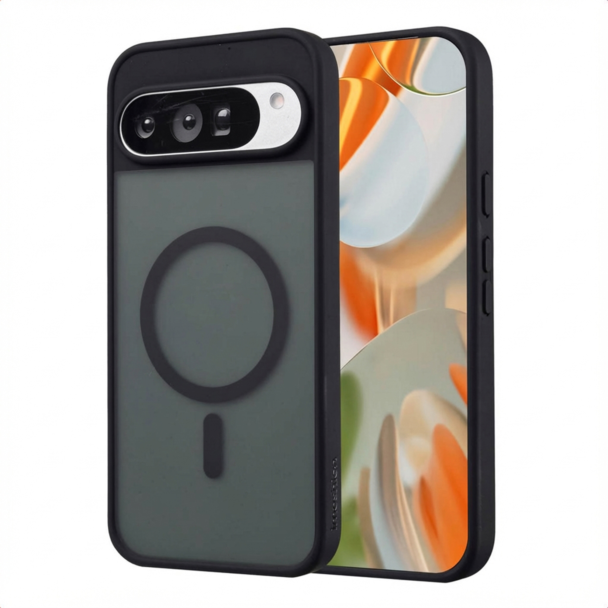 Coque de téléphone noire avec découpe caméra et cercle magnétique. Écran affiche un motif orange et blanc.