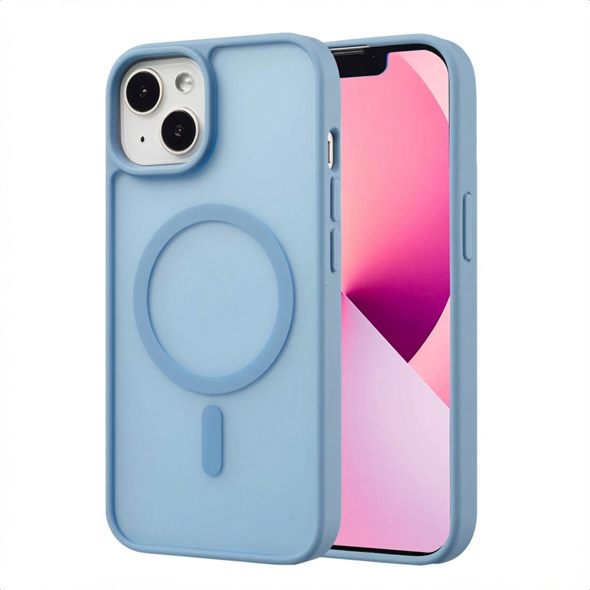Een lichtblauwe telefoonhoes met een cirkel en een rechthoek op de achterkant. Een telefoon met een roze scherm zit erin.