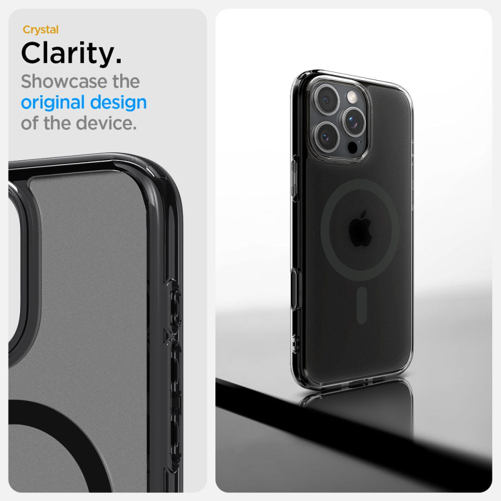 Eine transparente Handyhülle zeigt ein iPhone. Die Hülle zeigt die Kameralinsen, das Apple-Logo und die MagSafe-Funktionen. Der Hintergrund ist weiß.
