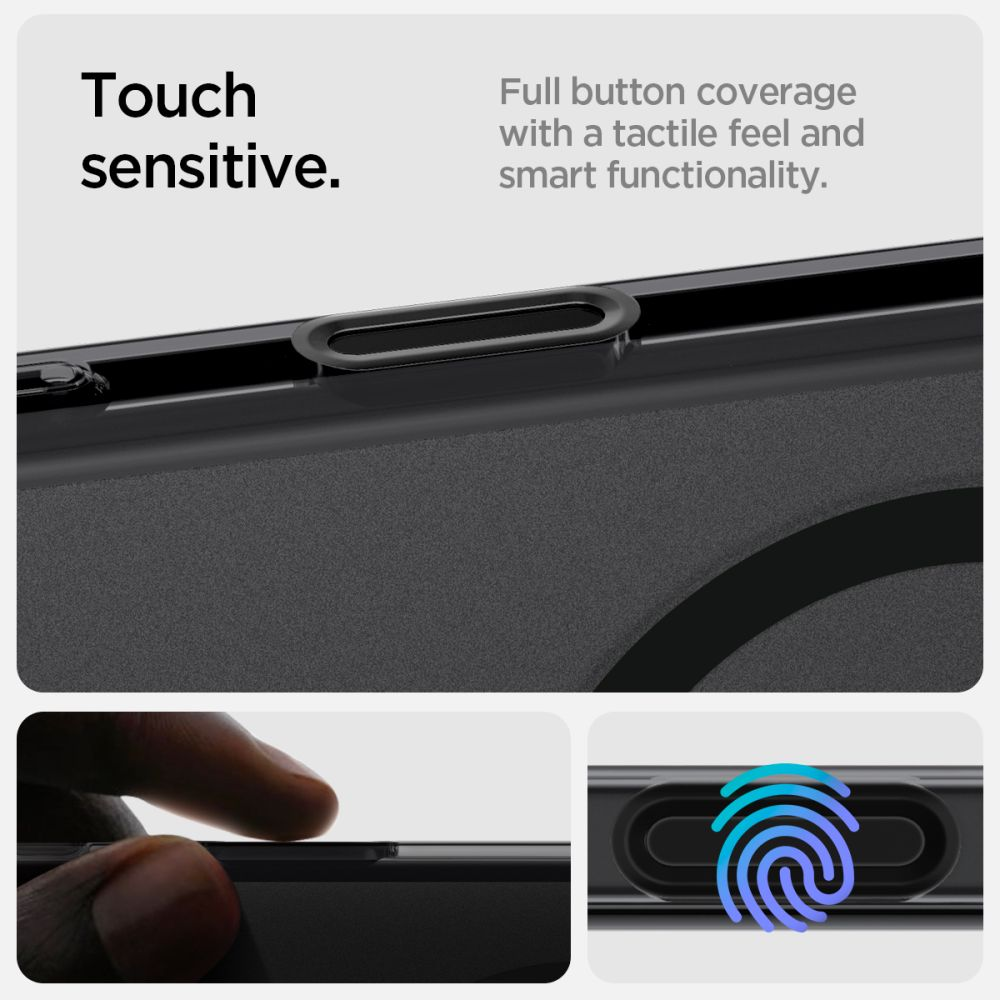 Das Bild zeigt eine Handyhülle mit berührungsempfindlichen Funktionen. Es gibt einen Finger, der die Taste drückt, und ein Fingerabdrucksymbol.