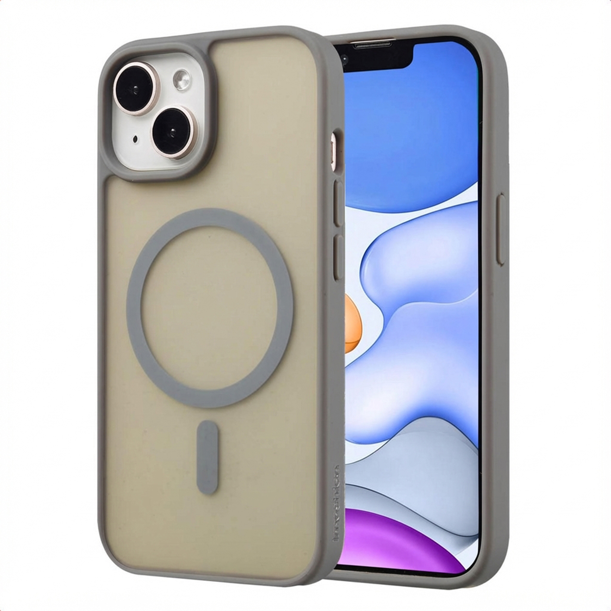 A phone in a gray case. The screen displays a blue and white image. The case has a circular design on the back.
