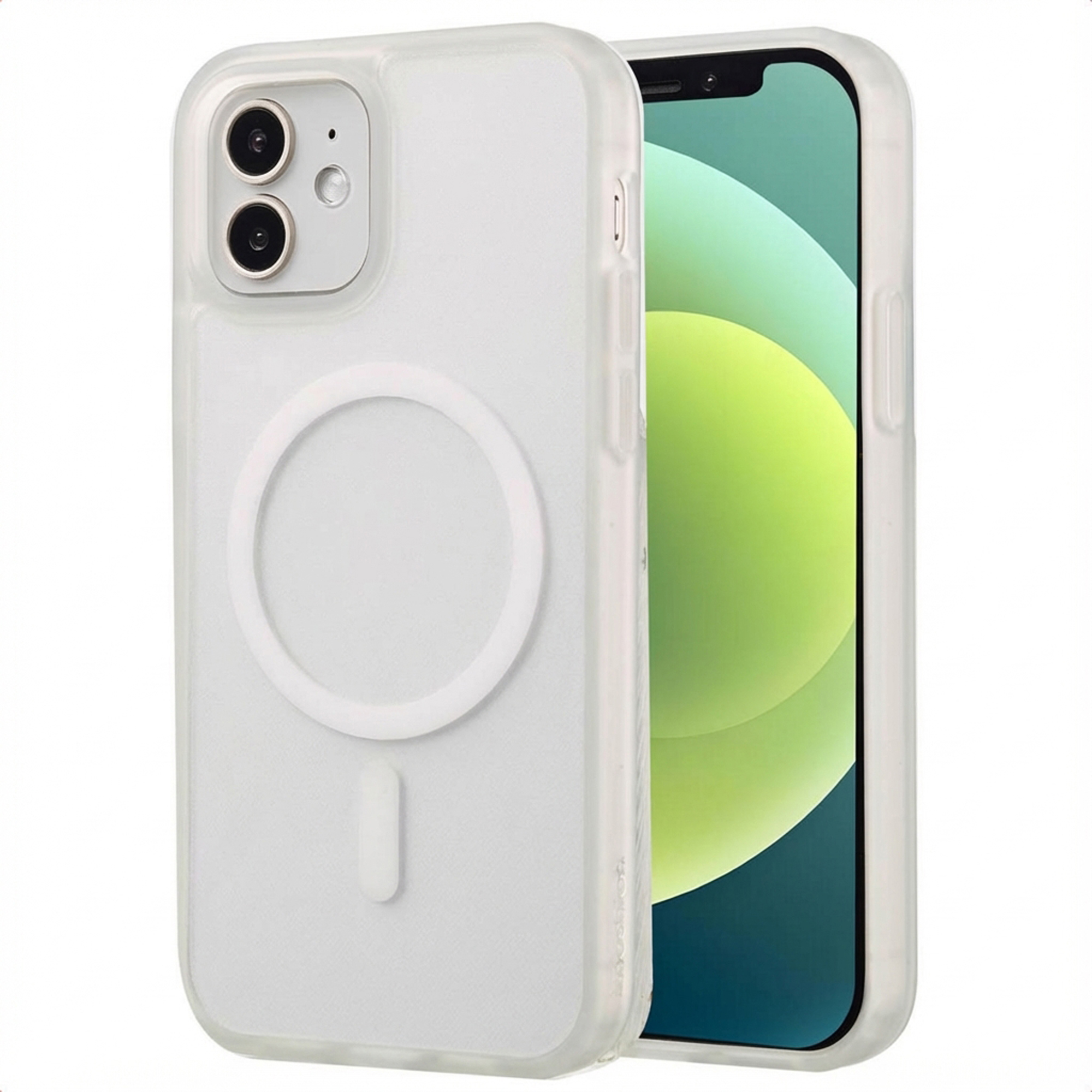 Een iPhone 12 in een doorzichtige hoes. Het scherm van de telefoon is zichtbaar en toont een groen en blauw achtergrond.
