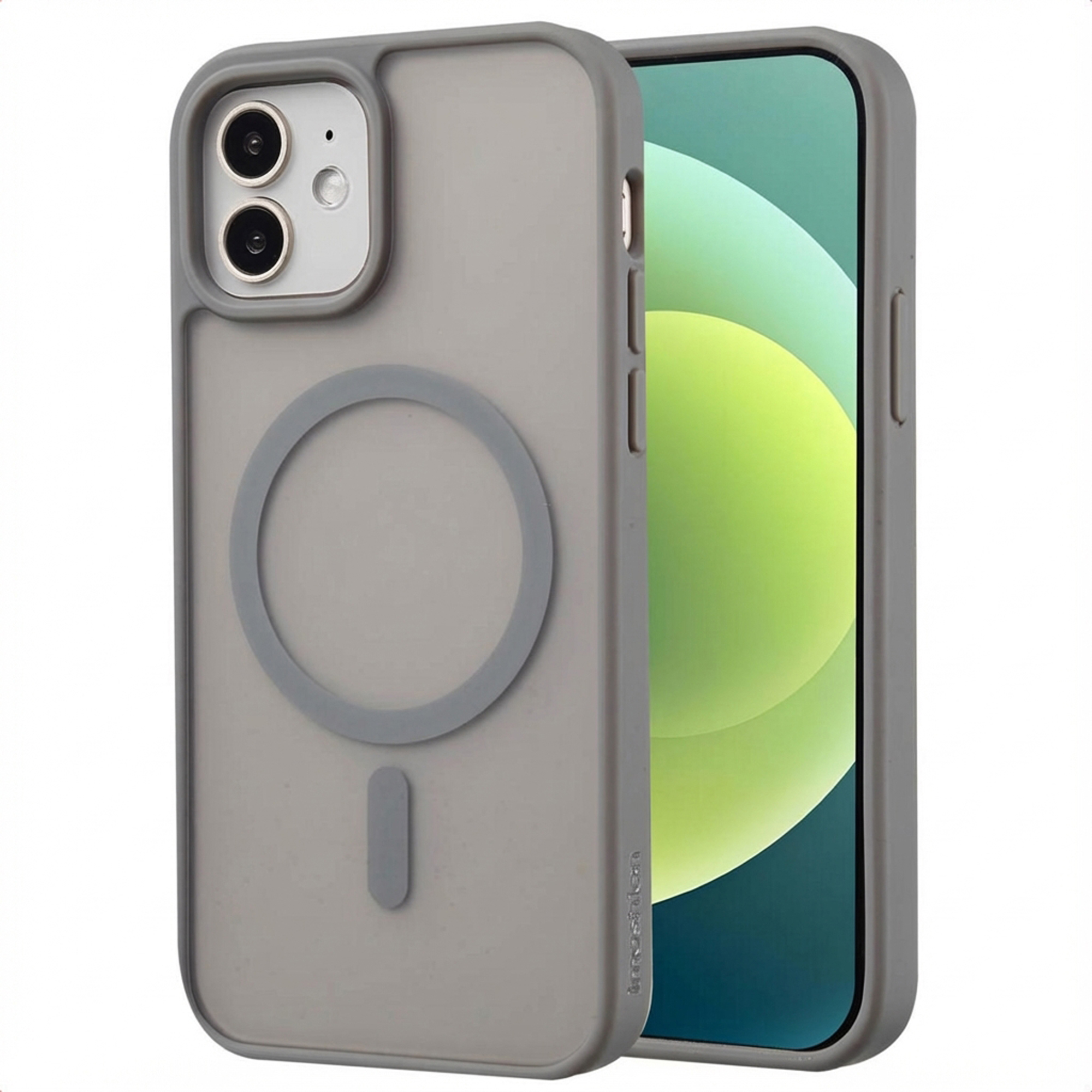 Een grijze telefoonhoes met een cirkelvormig accent en een telefoon met een groen display. De hoes ligt naast de telefoon.