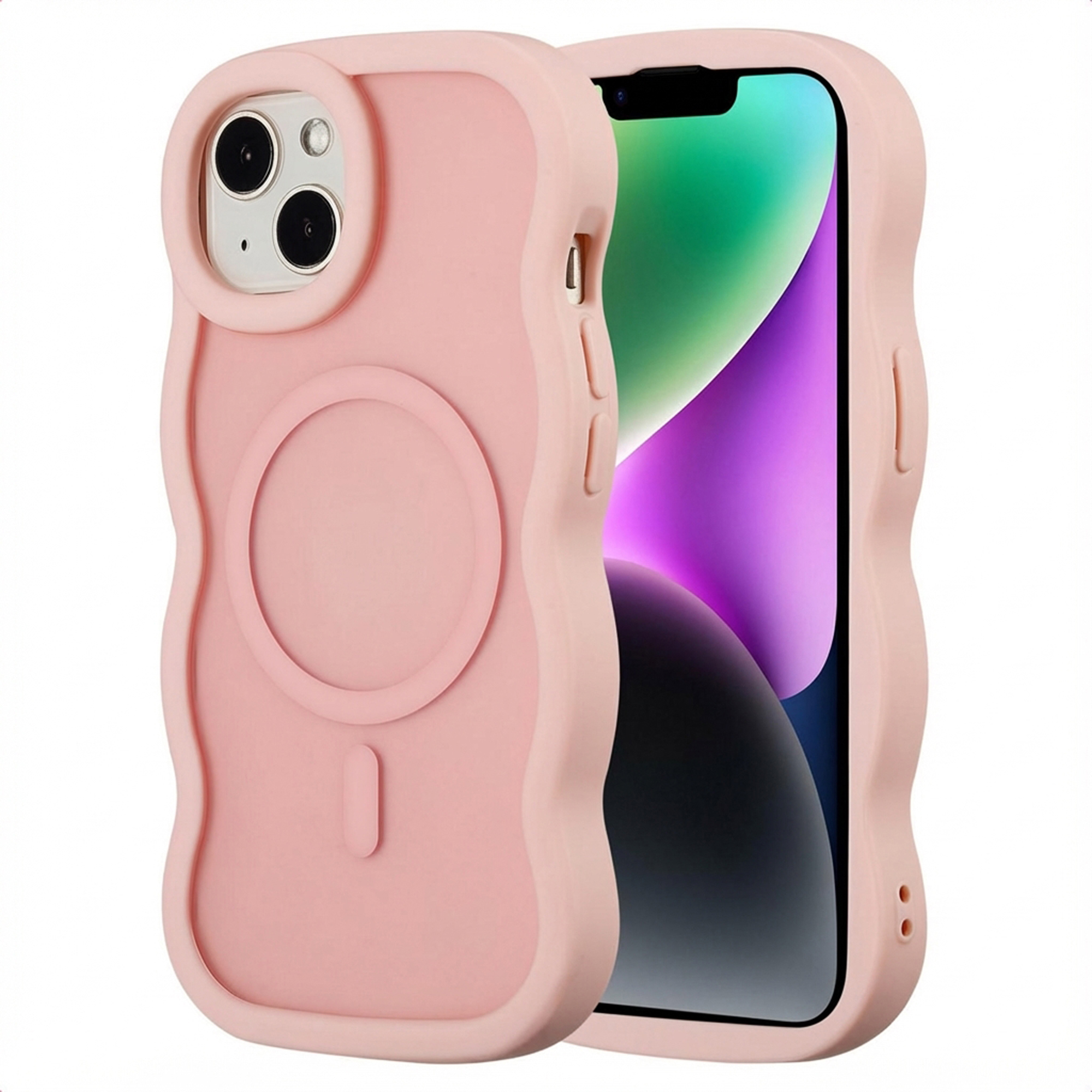 Een roze telefoonhoesje met golvende randen. Er zit een telefoon in met een groen en paars scherm.